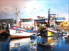 Goletas Pesqueras On La Bahia De San Antonio, Chile. Large oil painting