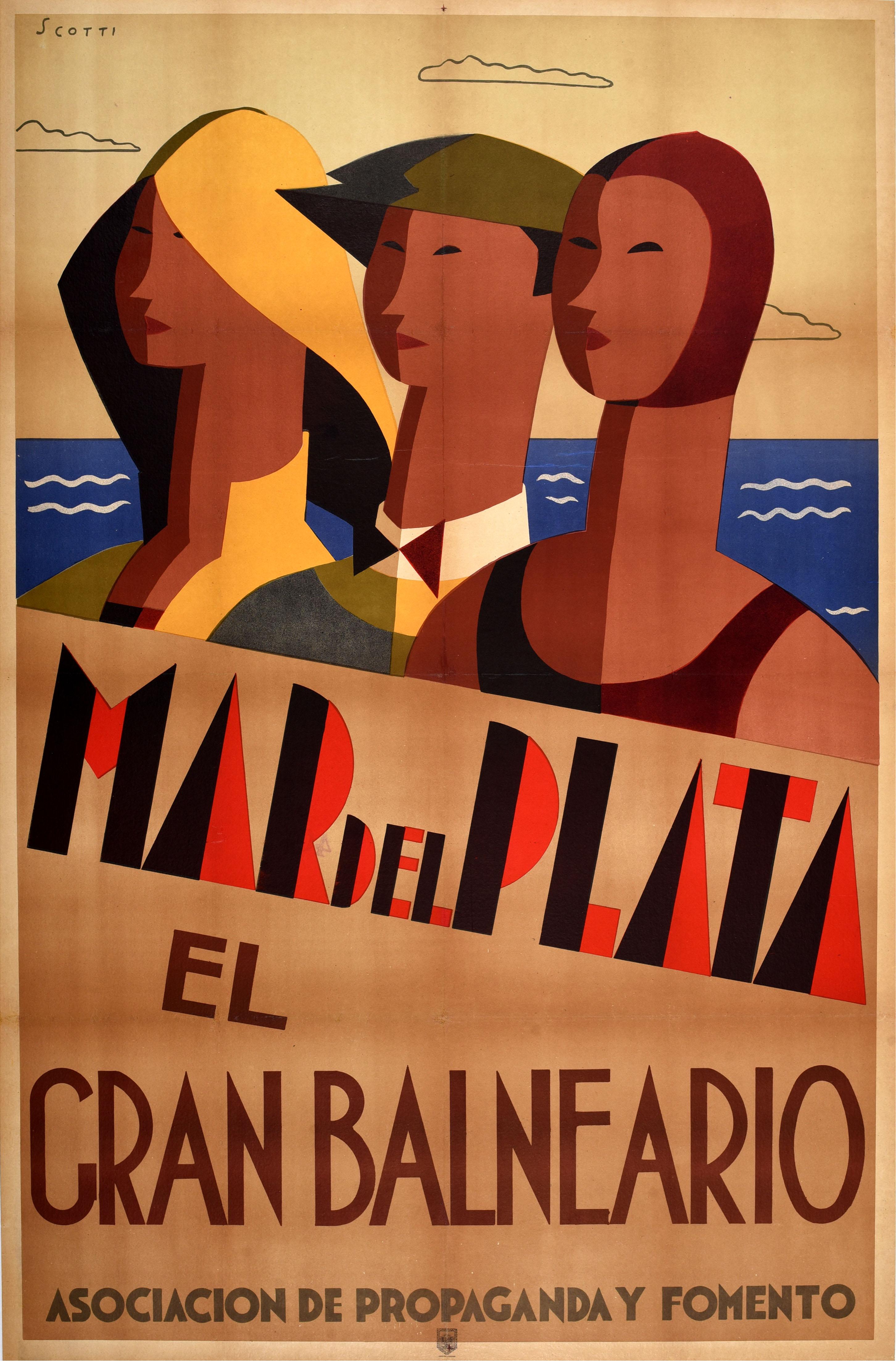 Print Ernesto Scotti - Affiche de voyage vintage d'origine Mar Del Plata Spa Sea Argentina Design Art Déco