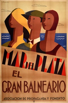 Original Vintage Travel Poster Mar Del Plata Spa Sea Argentina Art Deco Design