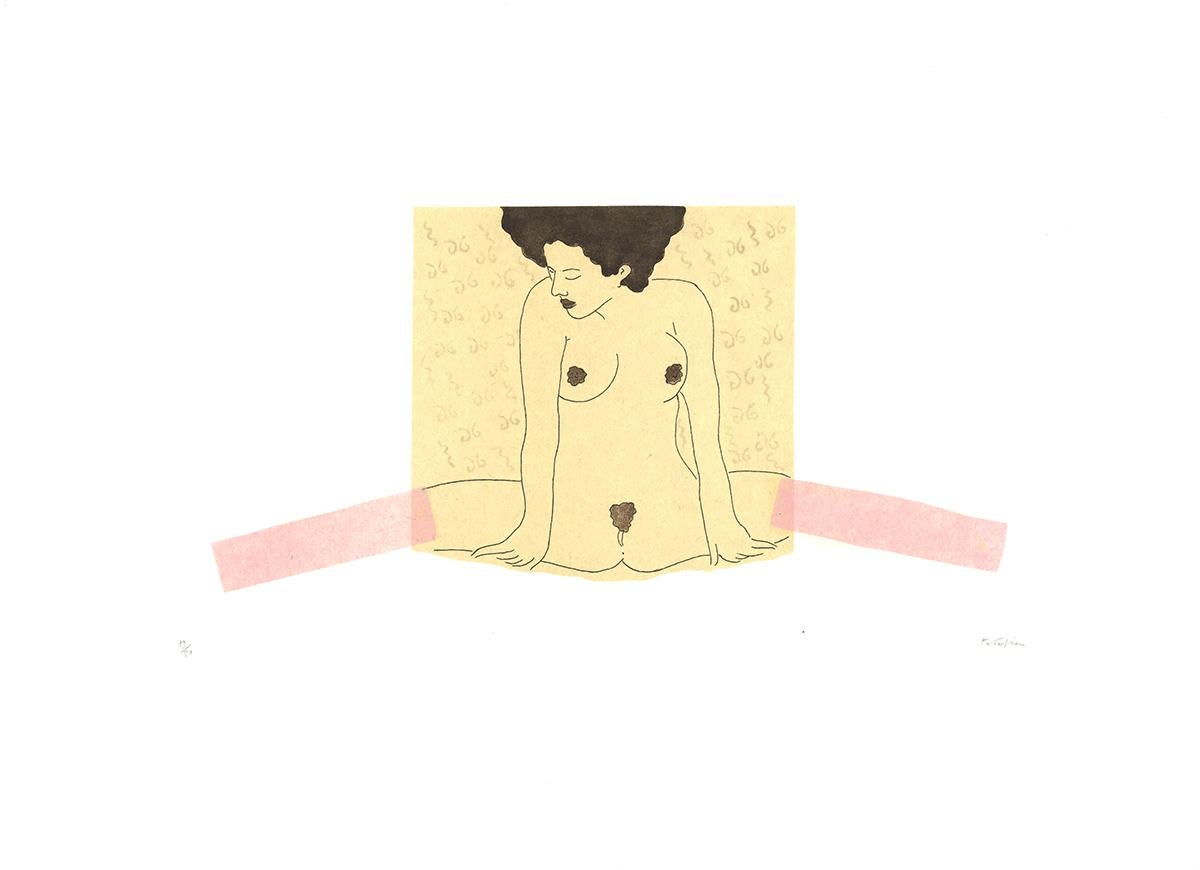 Signed and Numbered in pencil out of 30.  Etching and aquatint in brown and black with pink tissue paper collage.  Printed by 3K Workshop and published by IL Ponte Editrice d'Arte in Rome.  Please note:  there is some light crinkling to the left