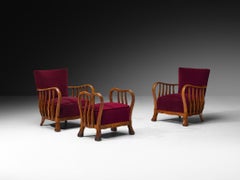 Ernesto Valabrega Art Deco Lounge Set Chairs Ottoman Wood and Foresti Red Velvet
