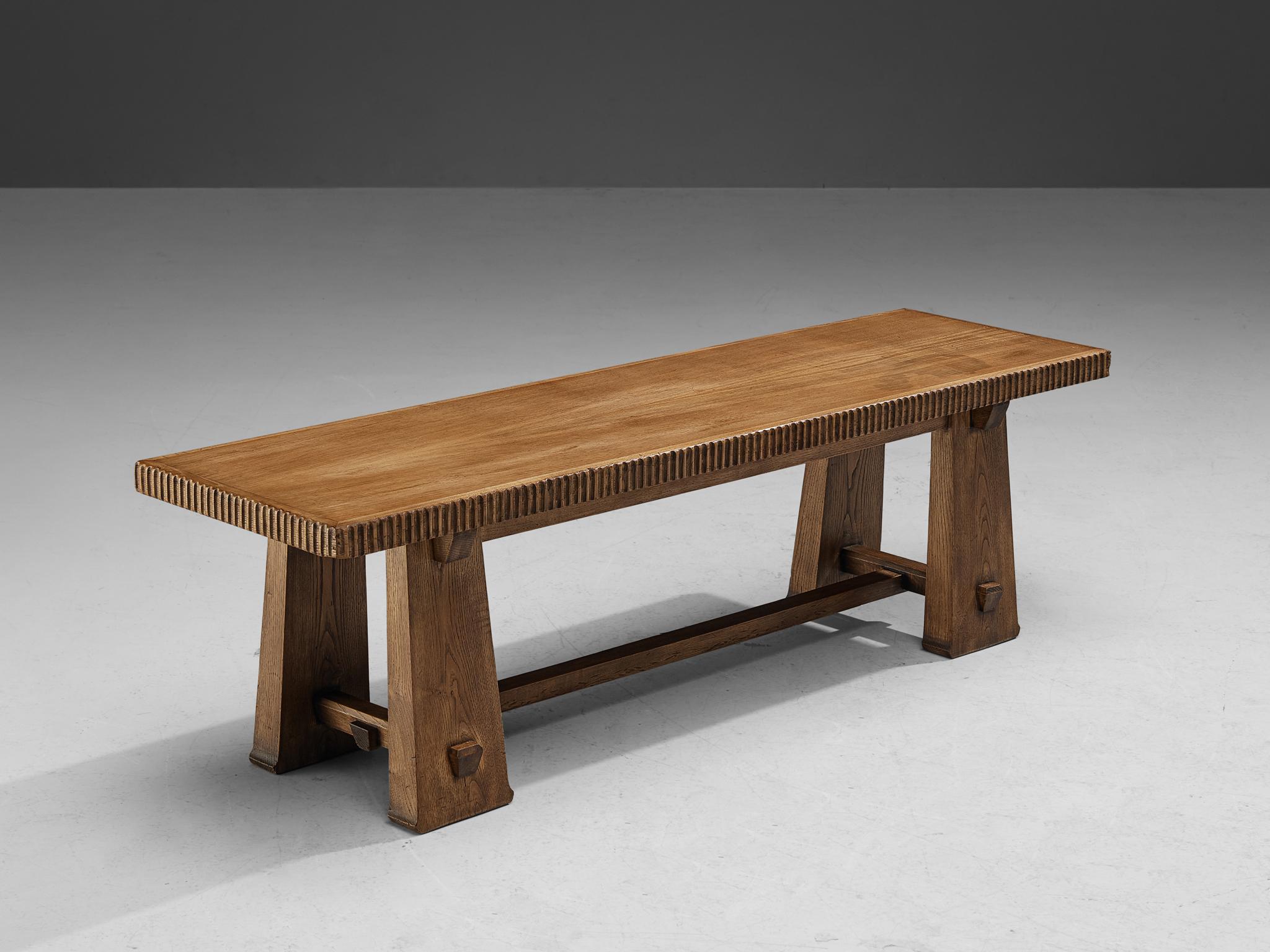 Ernesto Valabrega, bench or low table, oak, Italy, circa 1935 

Ernesto Valabrega once again proves his great eye for materialization and great craftsmanship this piece is exemplary for. The bench is architecturally built based on the assemblage