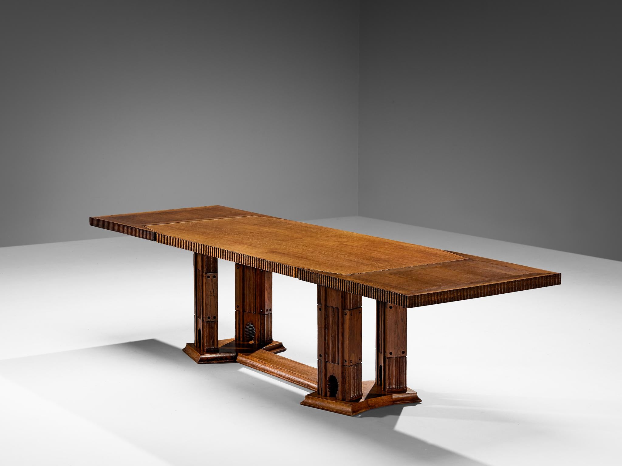 Ernesto Valabrega, extendable dining table, oak, Italy, circa 1935

Ernesto Valabrega once again proves his great eye for materialization and great craftsmanship this dining table is exemplary for. The table is architecturally built with intricate