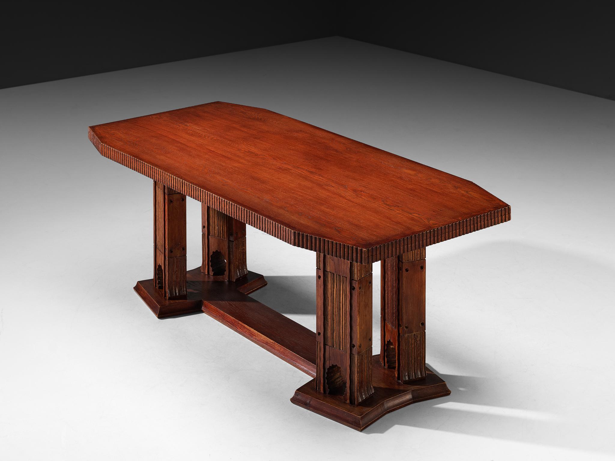 Ernesto Valabrega for Vittorio Valabrega , dining table, oak, Italy, 1930s

This sculptural dining table, designed by Ernesto Valabrega for his company Mobilart in the 1930s, embodies all the hallmarks of Valabrega’s distinctive style. Crafted from