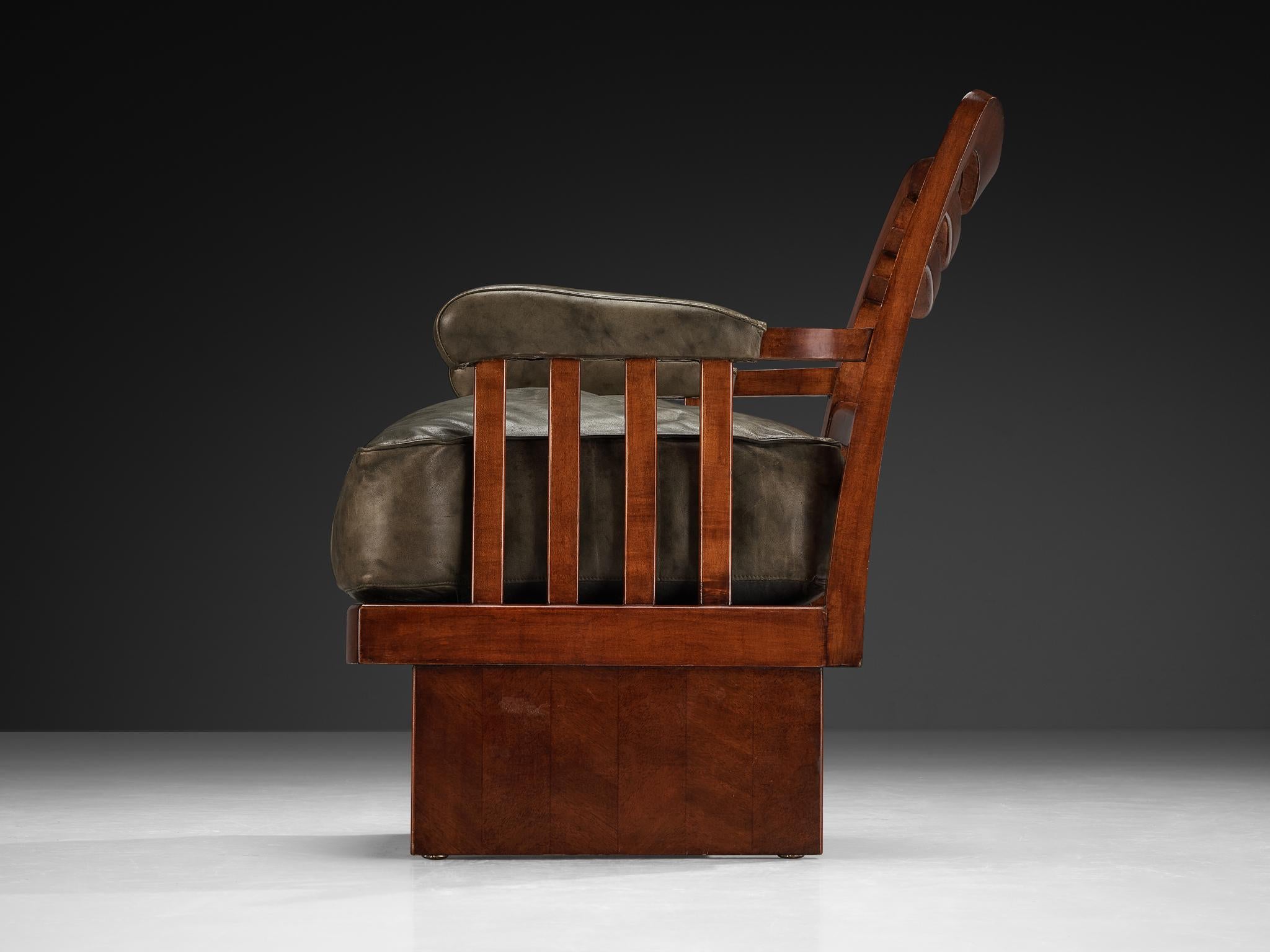 Art Deco Ernesto Valabrega Lounge Chair in Olive Green Leather and Mahogany For Sale