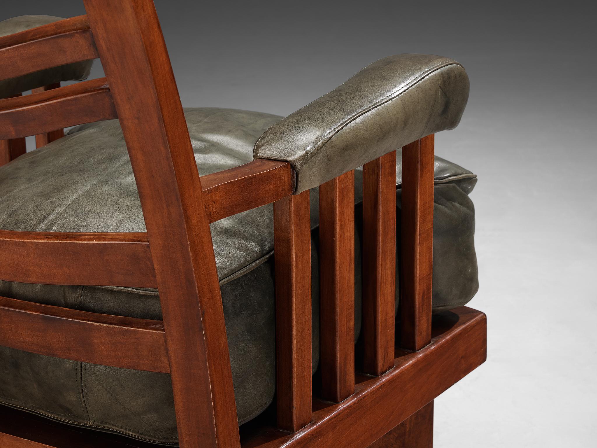 Mid-20th Century Ernesto Valabrega Lounge Chair in Olive Green Leather and Mahogany For Sale