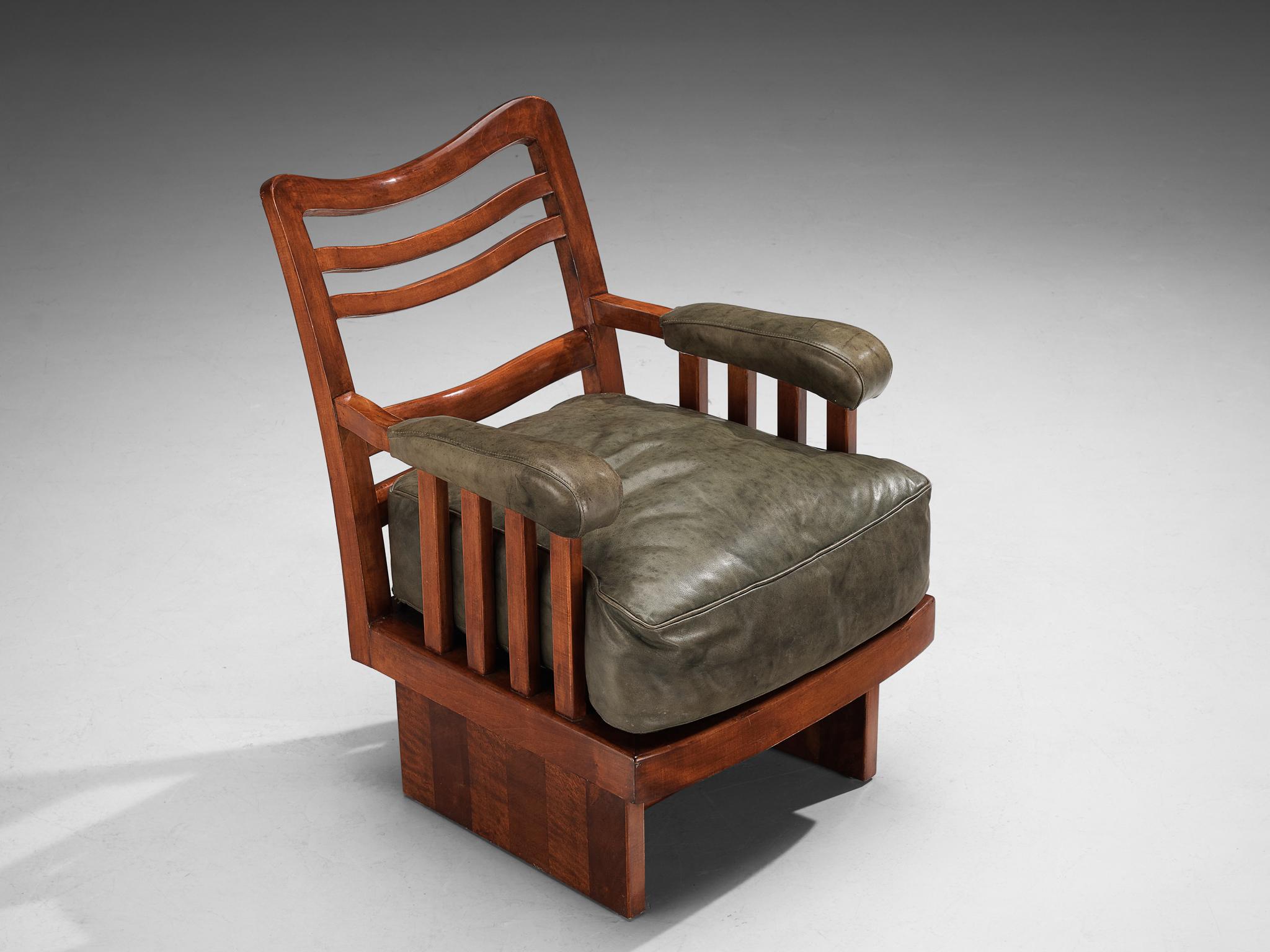 Ernesto Valabrega Lounge Chair in Olive Green Leather and Mahogany For Sale 2