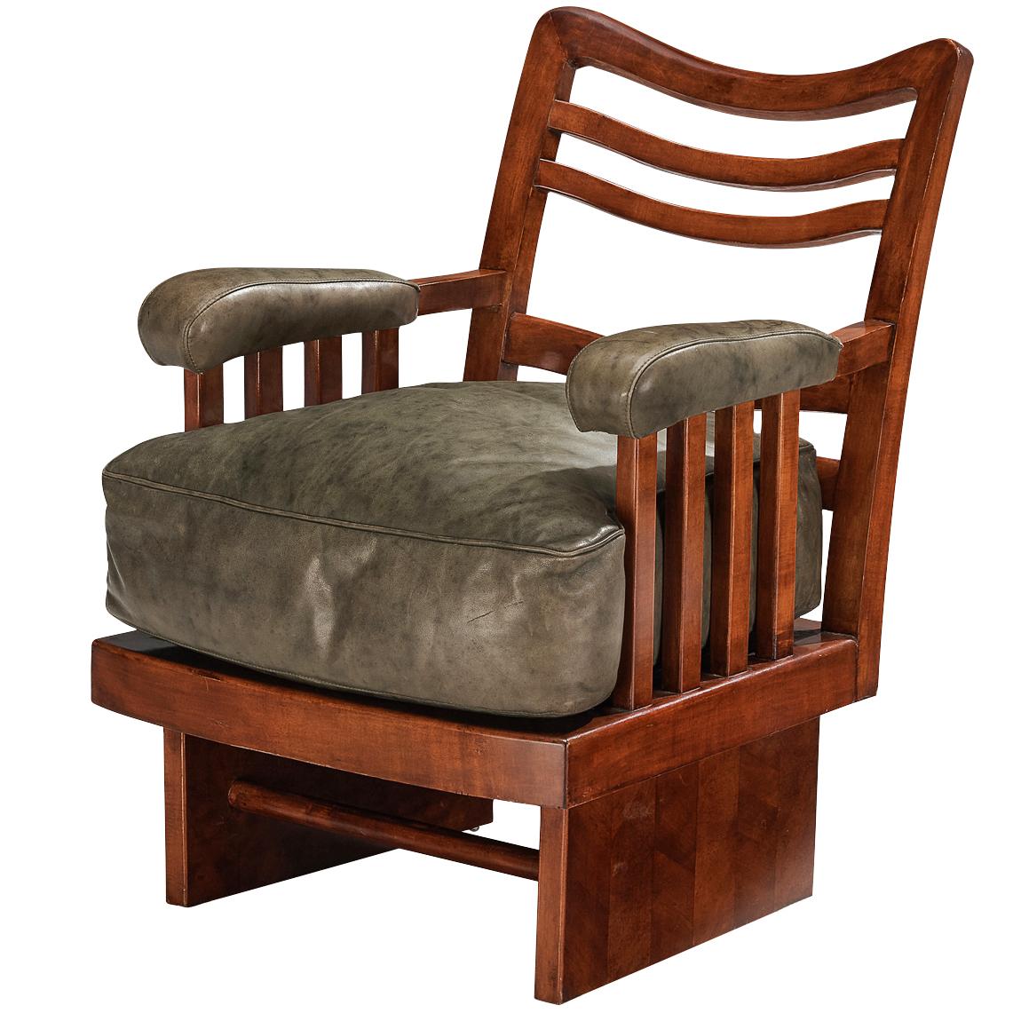 Ernesto Valabrega Lounge Chair in Olive Green Leather and Mahogany For Sale