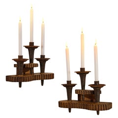 Ernesto Valabrega Pair of Wall-Mounted Candle Holders in Oak and Iron