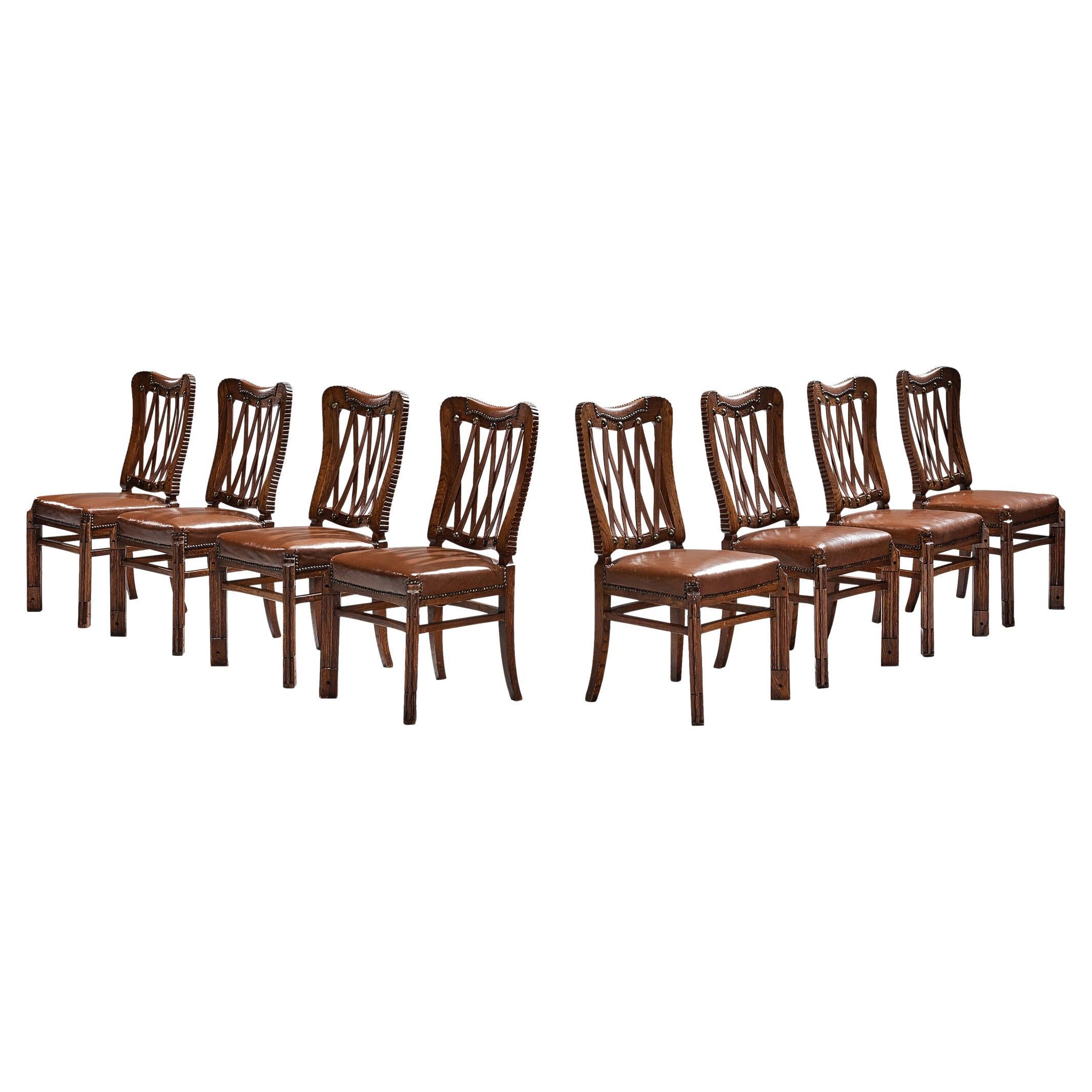 Set of Eight Teak and Woven Leather Strap Dining Chairs at 1stDibs