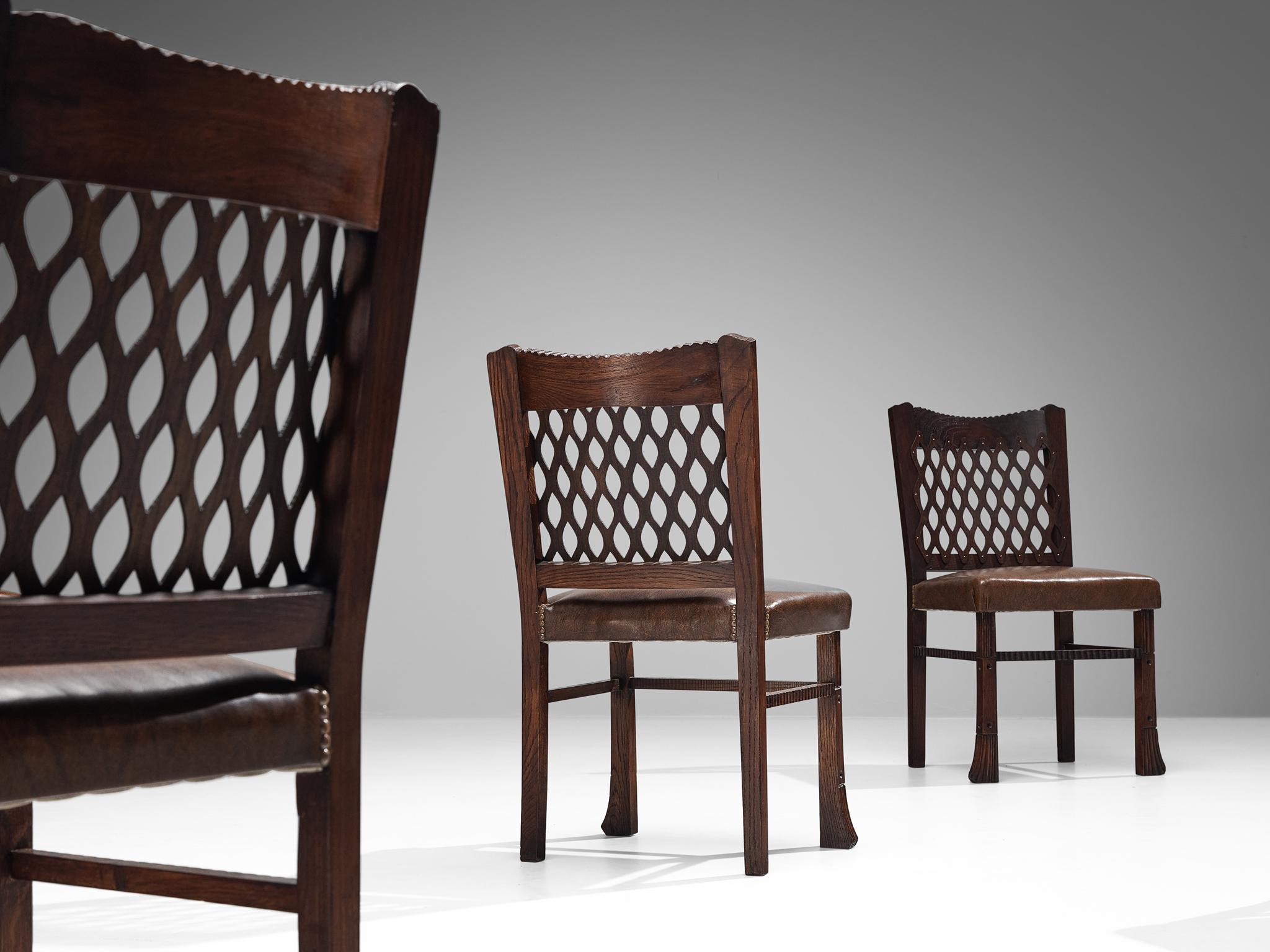 Art Deco Ernesto Valabrega Set of Eight Dining Chairs in Oak and Leather
