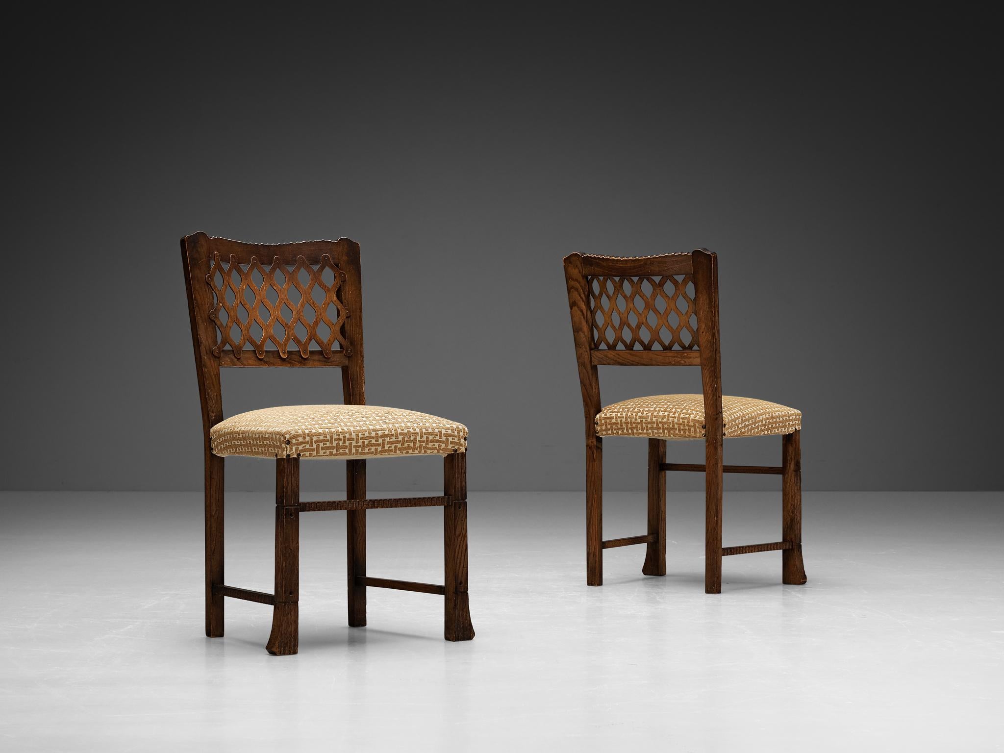Italian Ernesto Valabrega Set of Six Dining Chairs in Chestnut and Patterned Fabric  For Sale