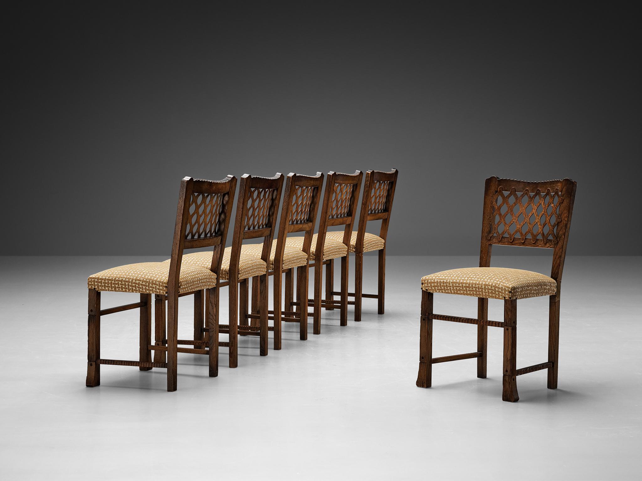Ernesto Valabrega Set of Six Dining Chairs in Chestnut and Patterned Fabric  In Good Condition For Sale In Waalwijk, NL