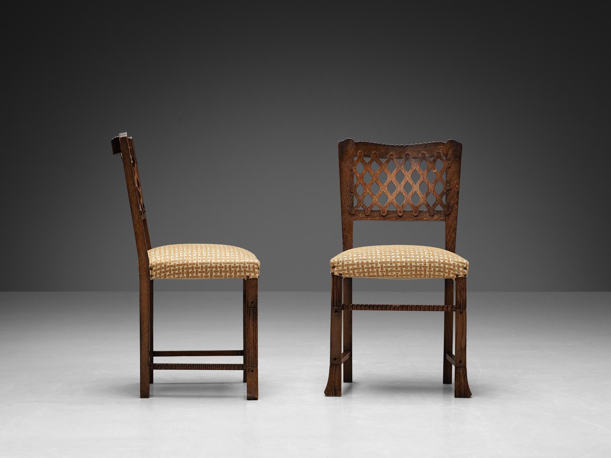 Ernesto Valabrega Set of Six Dining Chairs in Chestnut and Patterned Fabric  For Sale 1