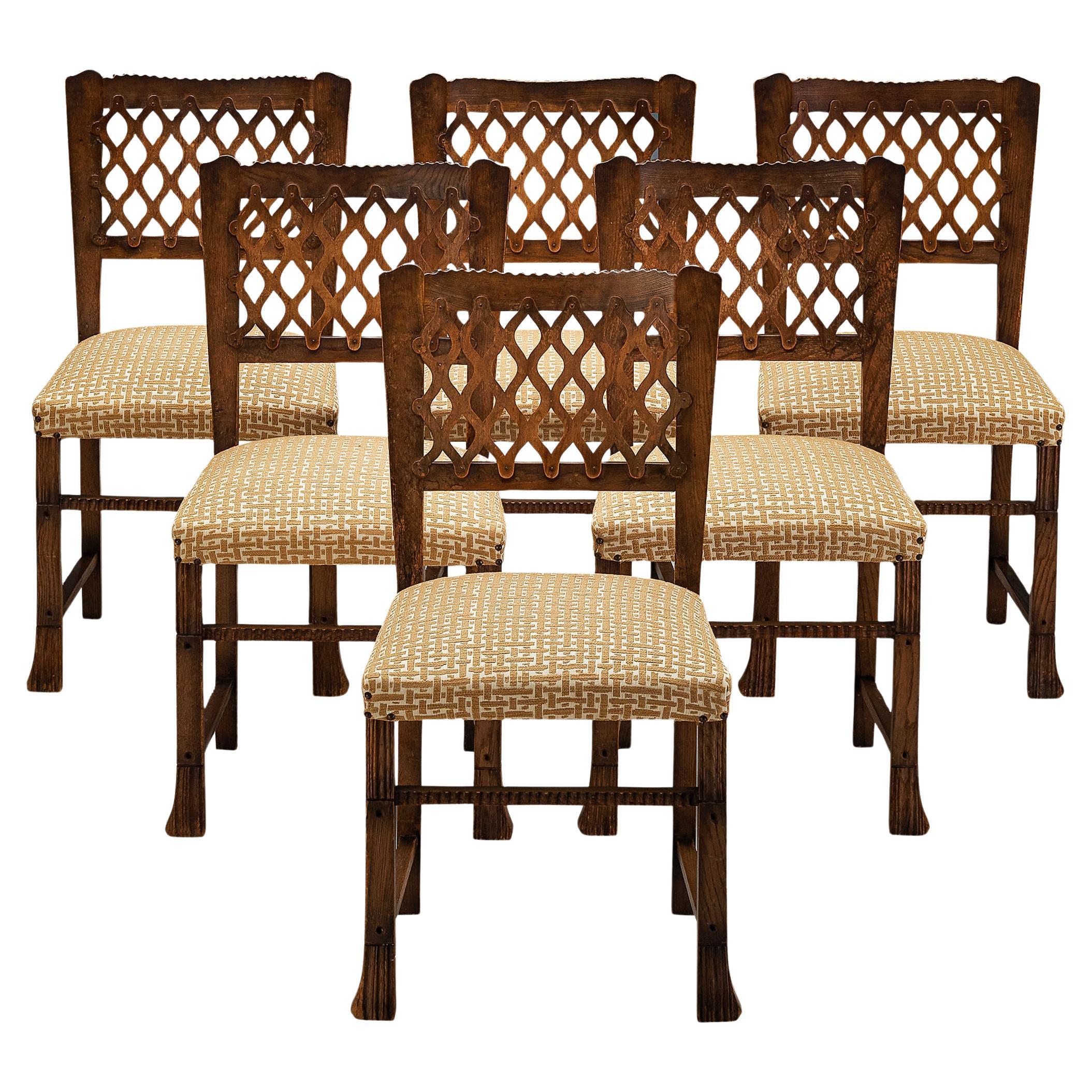 Ernesto Valabrega Set of Six Dining Chairs in Chestnut and Patterned Fabric  For Sale