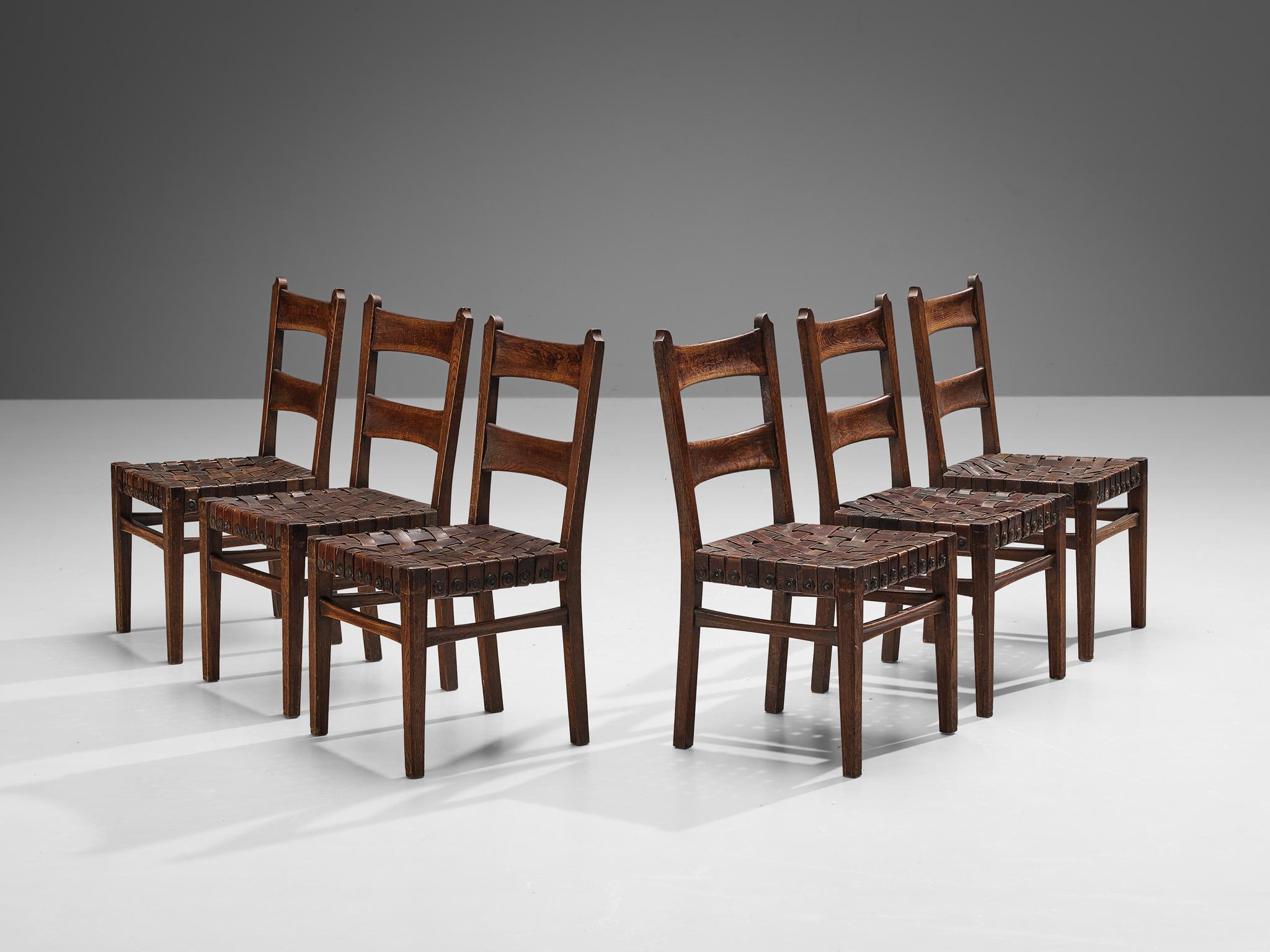 Ernesto Valabrega Set of Six Dining Chairs in Oak and Leather  For Sale 4