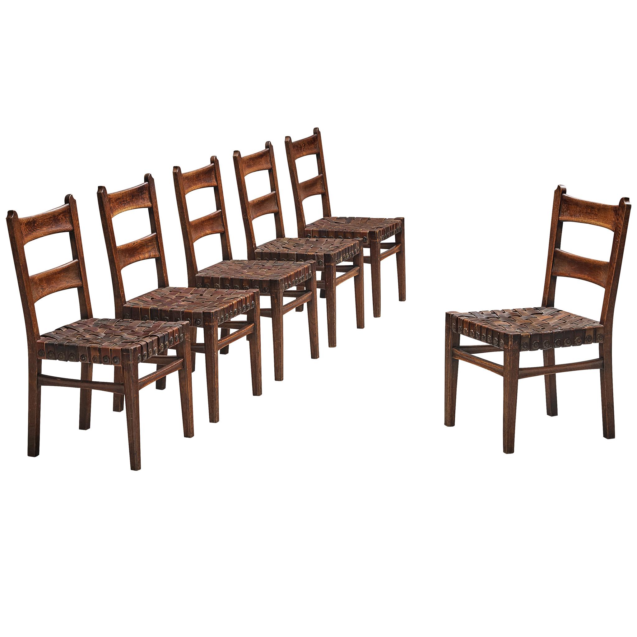 Set di sei sedie da pranzo Ernesto Valabrega in Oak e pelle