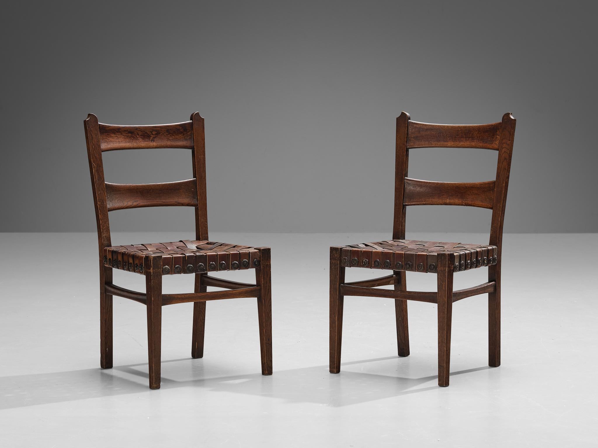 Brass Ernesto Valabrega Set of Six Dining Chairs in Oak and Leather For Sale