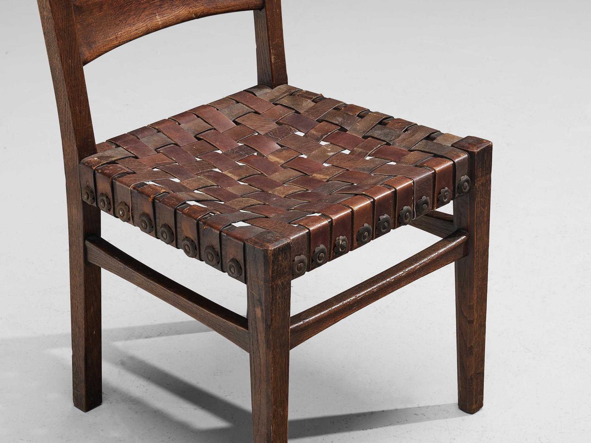 Art Déco Set di sei sedie da pranzo Ernesto Valabrega in Oak e pelle in vendita