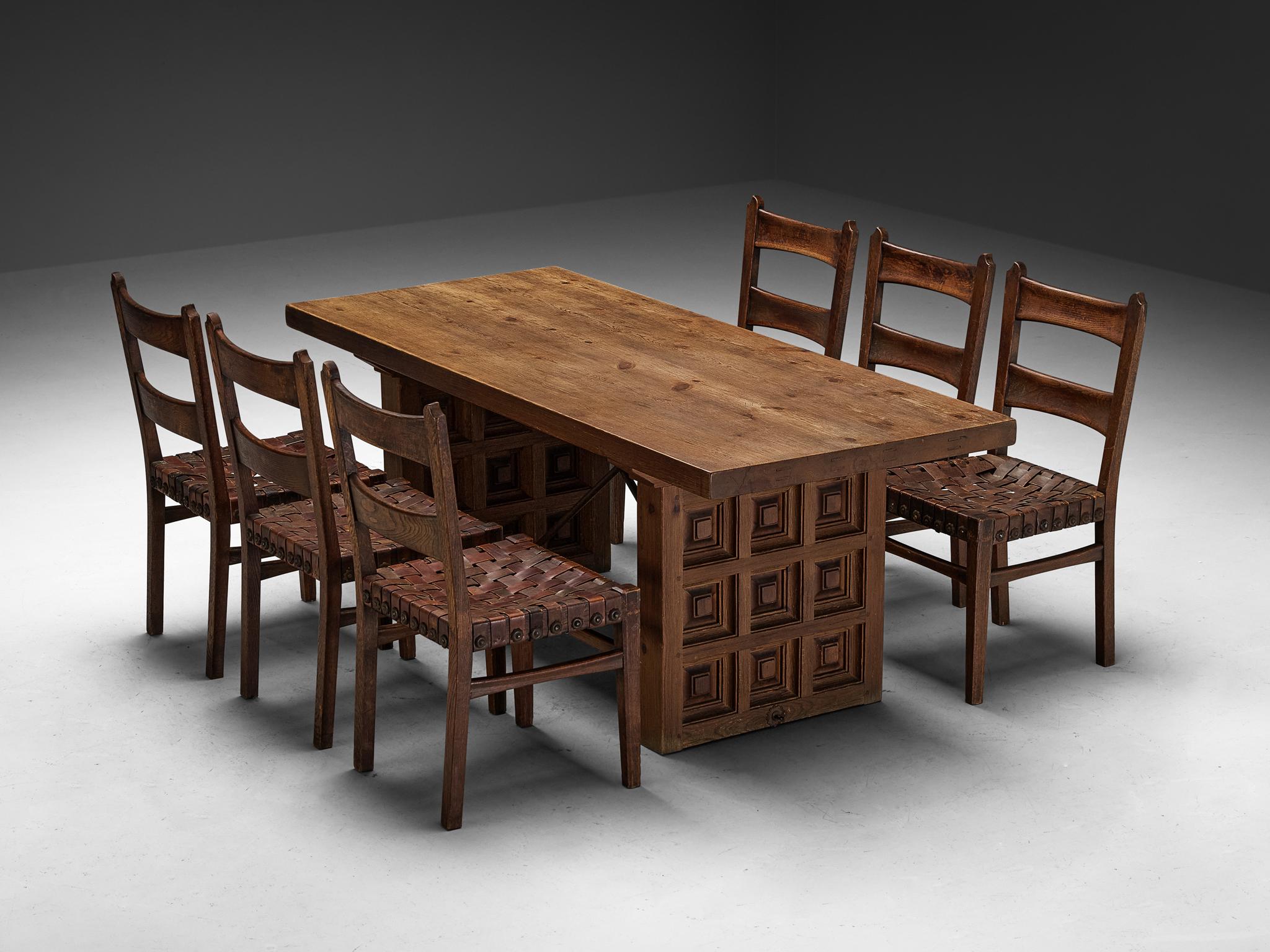 Dining room set consisting of a set of six dining chairs by Ernesto Valabrega paired with a dining table by Biosca


Ernesto Valabrega, set of six dining chairs, oak, leather, iron, Italy, 1930s

These well-sculpted chairs are designed by Italian