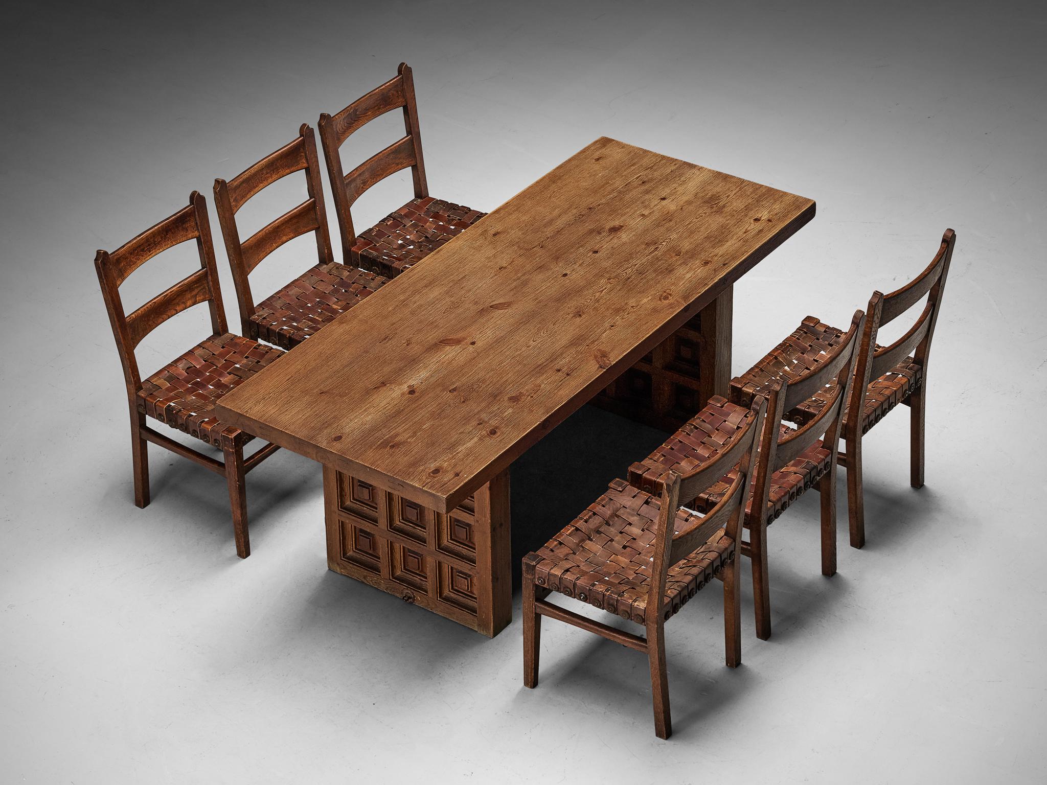 Cuir Ernesto Valabrega ensemble de six chaises de salle à manger avec table de salle à manger Biosca  en vente