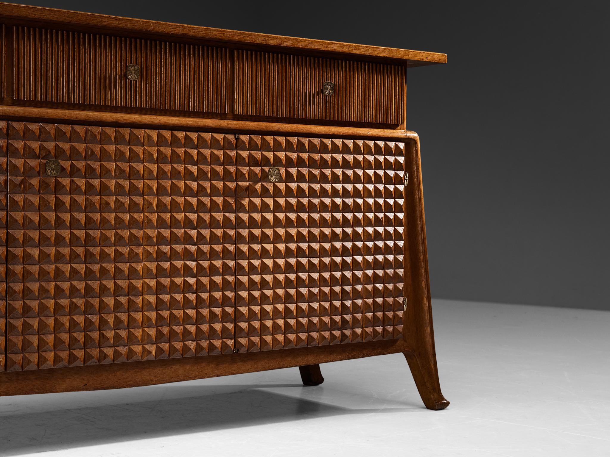 Art Deco Ernesto Valabrega Sideboard in Stained Oak and Brass 