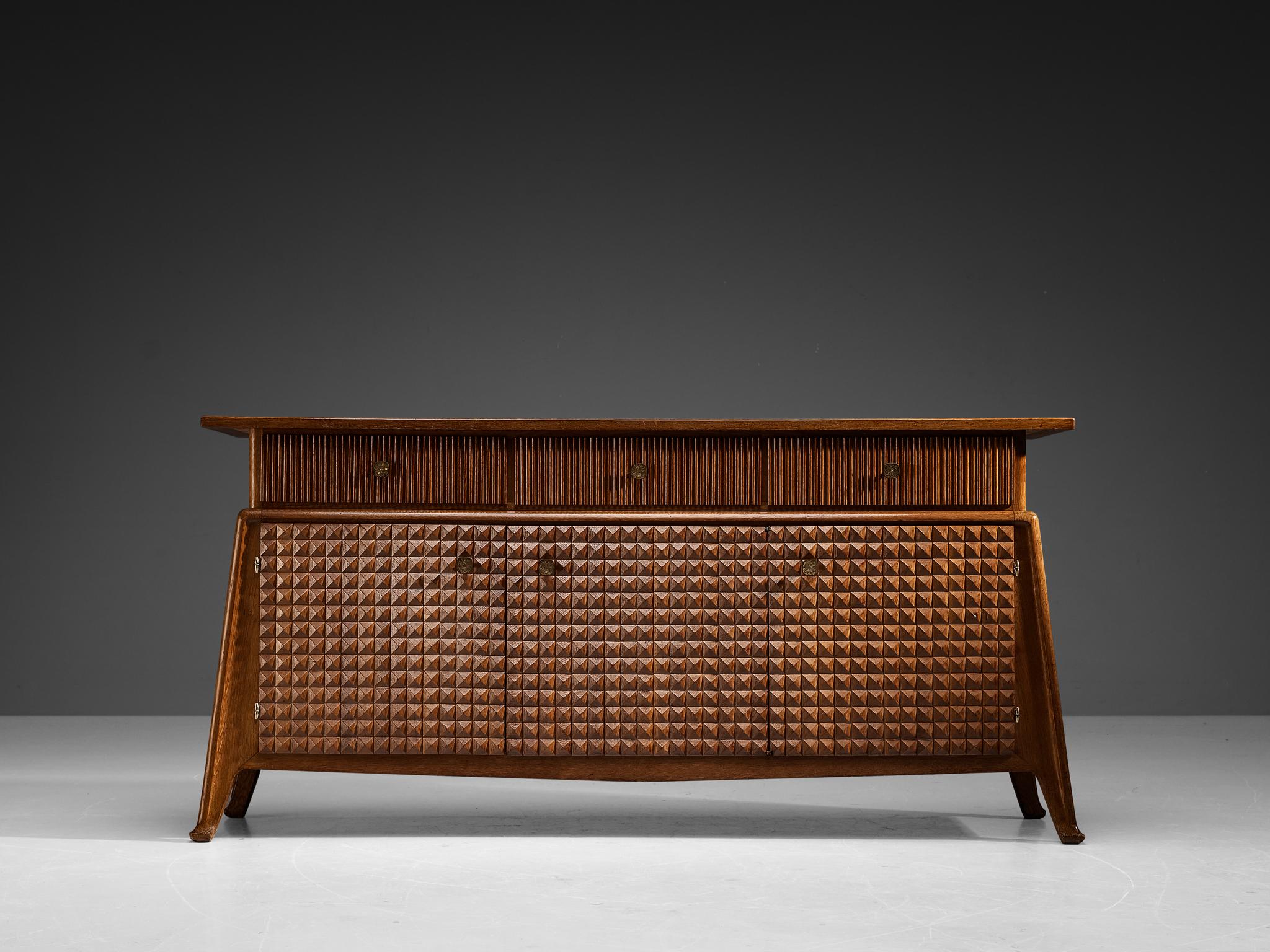Ernesto Valabrega Sideboard in Stained Oak and Brass  In Good Condition In Waalwijk, NL