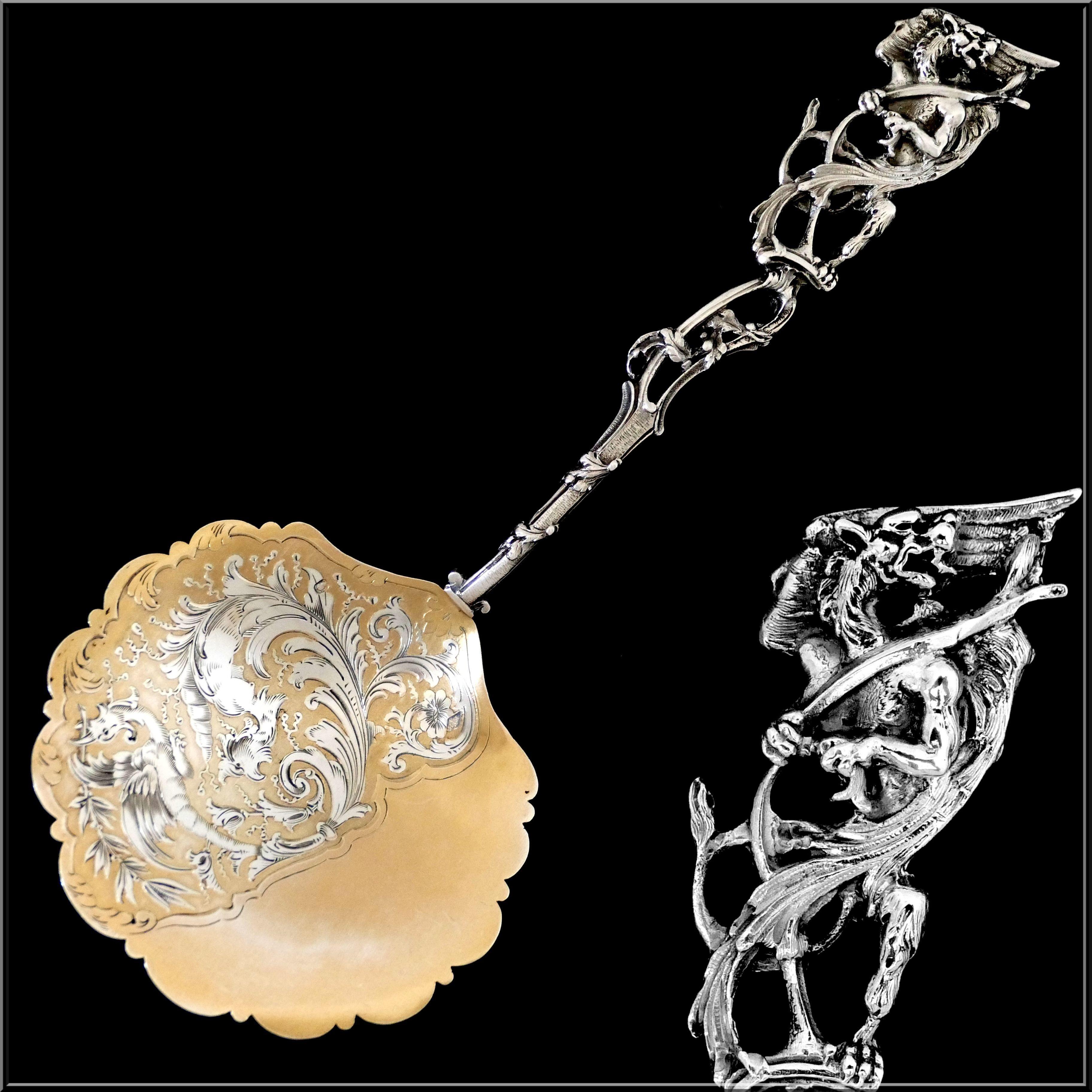 Renaissance Ernie Masterpiece French Sterling Silver 18 Karat Gold Strawberry Spoon, Dragon For Sale