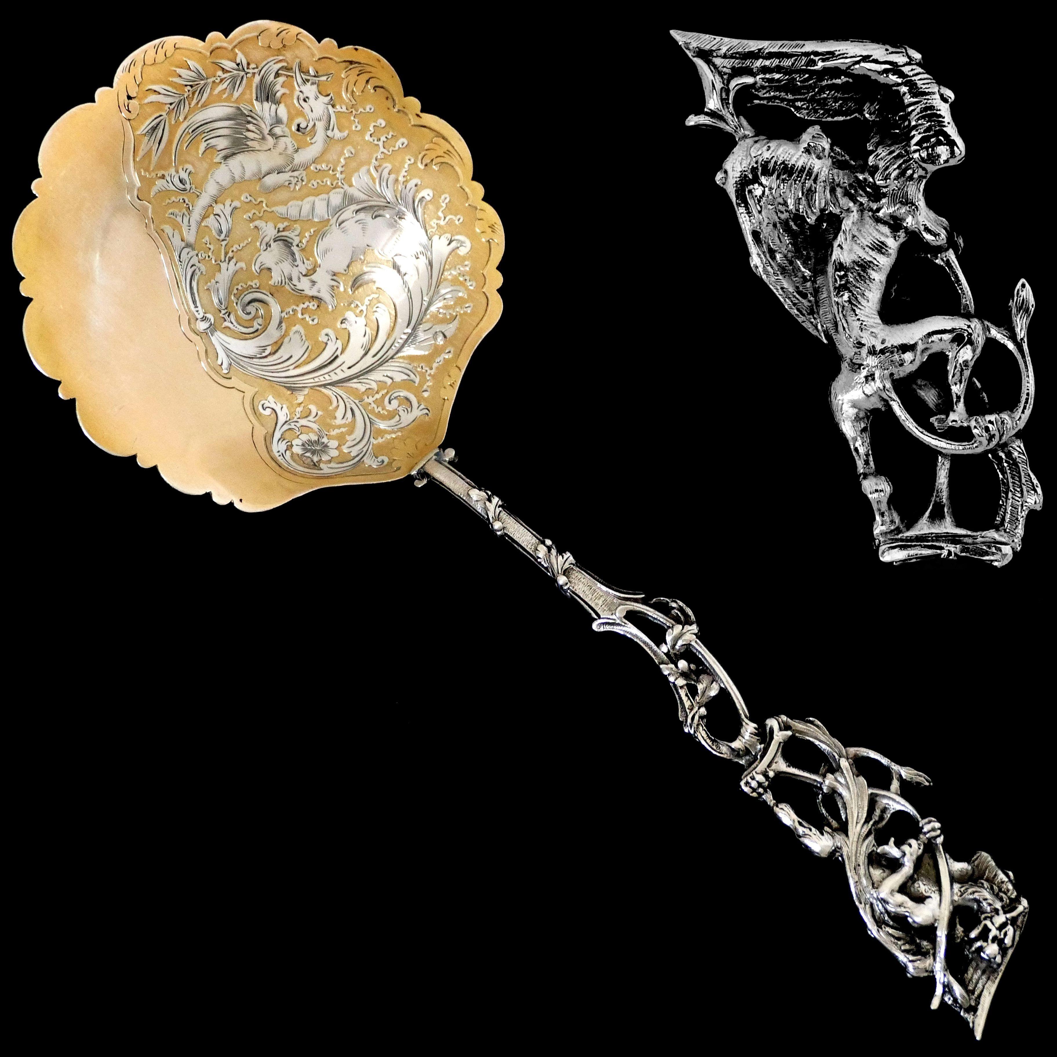 Late 19th Century Ernie Masterpiece French Sterling Silver 18 Karat Gold Strawberry Spoon, Dragon For Sale