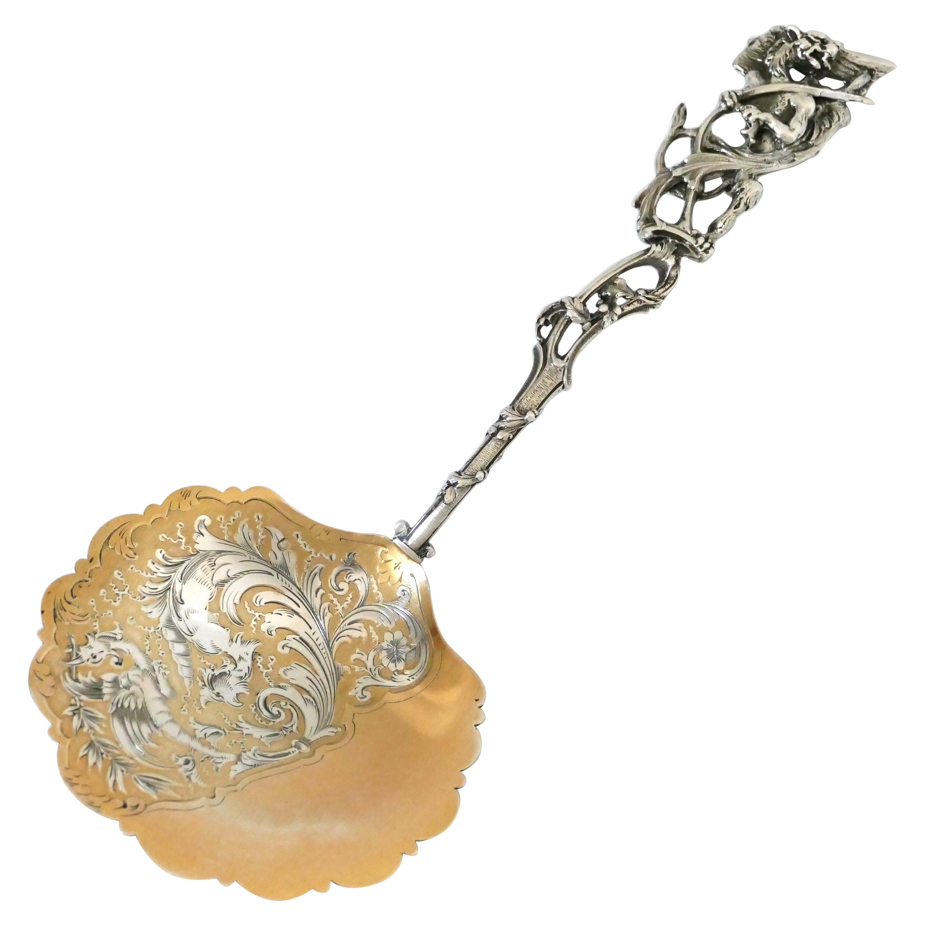 Ernie Masterpiece French Sterling Silver 18 Karat Gold Strawberry Spoon, Dragon For Sale
