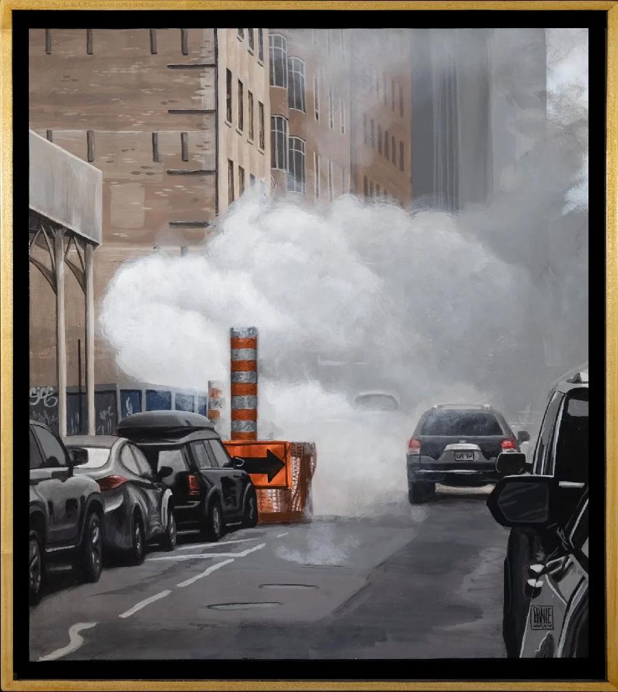 Ernie Prada Landscape Painting – zeitgenössische NYC New York Straßenkunst Szene innen Landschaft außen realistisch