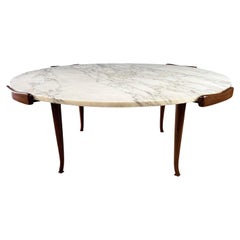 Erno Fabry Coffee Table in Carrara Marble and a Walnut Base with Curvacrous Legs