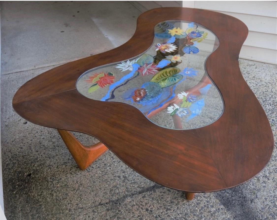 Erno Fabry Mid-Century Modern Biomorphic Walnut and Glass Cocktail Coffee Table In Good Condition In West Hartford, CT