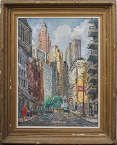 Antique American Modernist Large New York Cityscape Framed Street Scene Painting