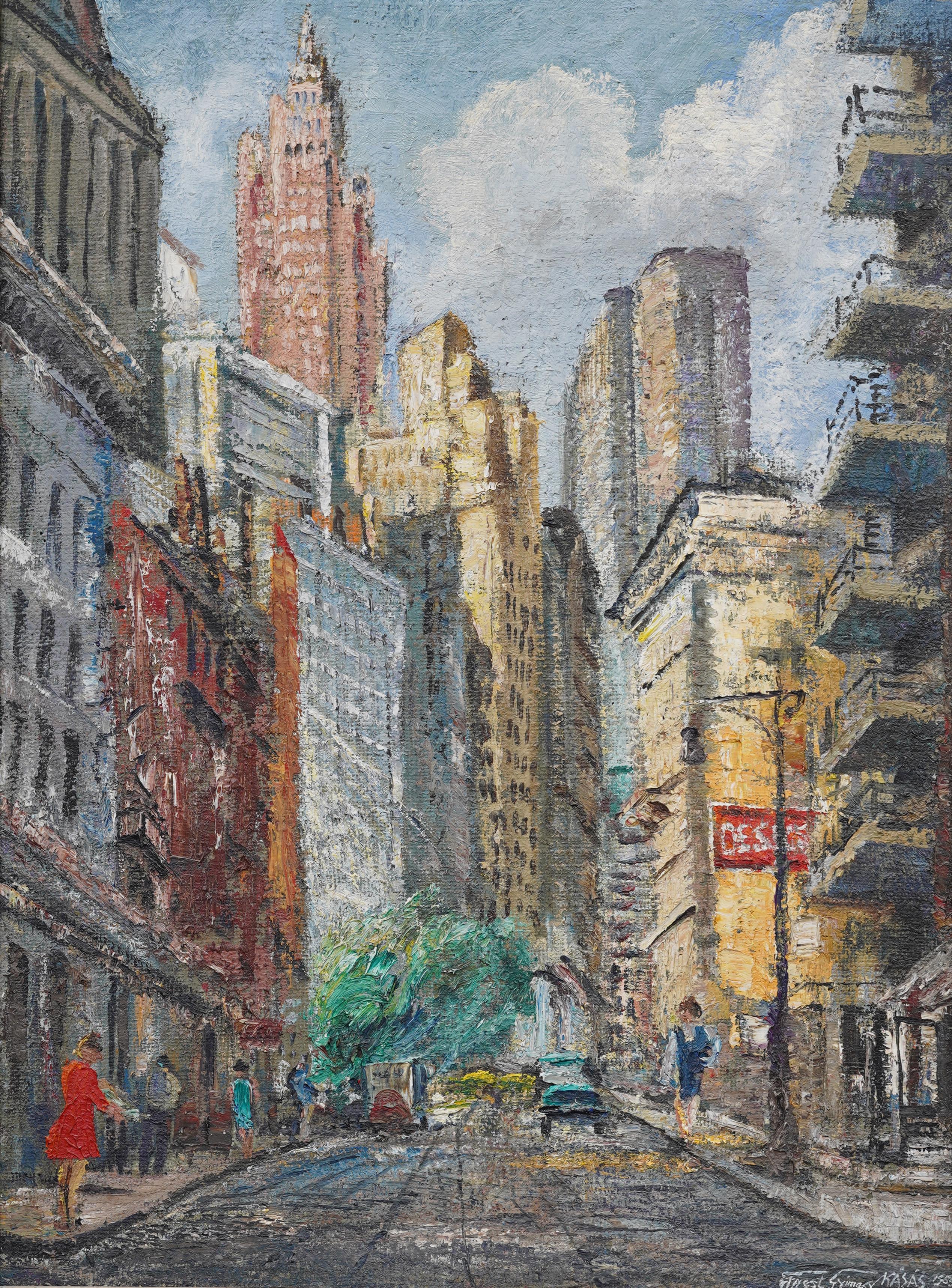 Antiguo cuadro modernista americano de gran tamaño sobre la ciudad de Nueva York Enmarcado Escena callejera - Painting Moderno de Erno Gyimesy Kasas 