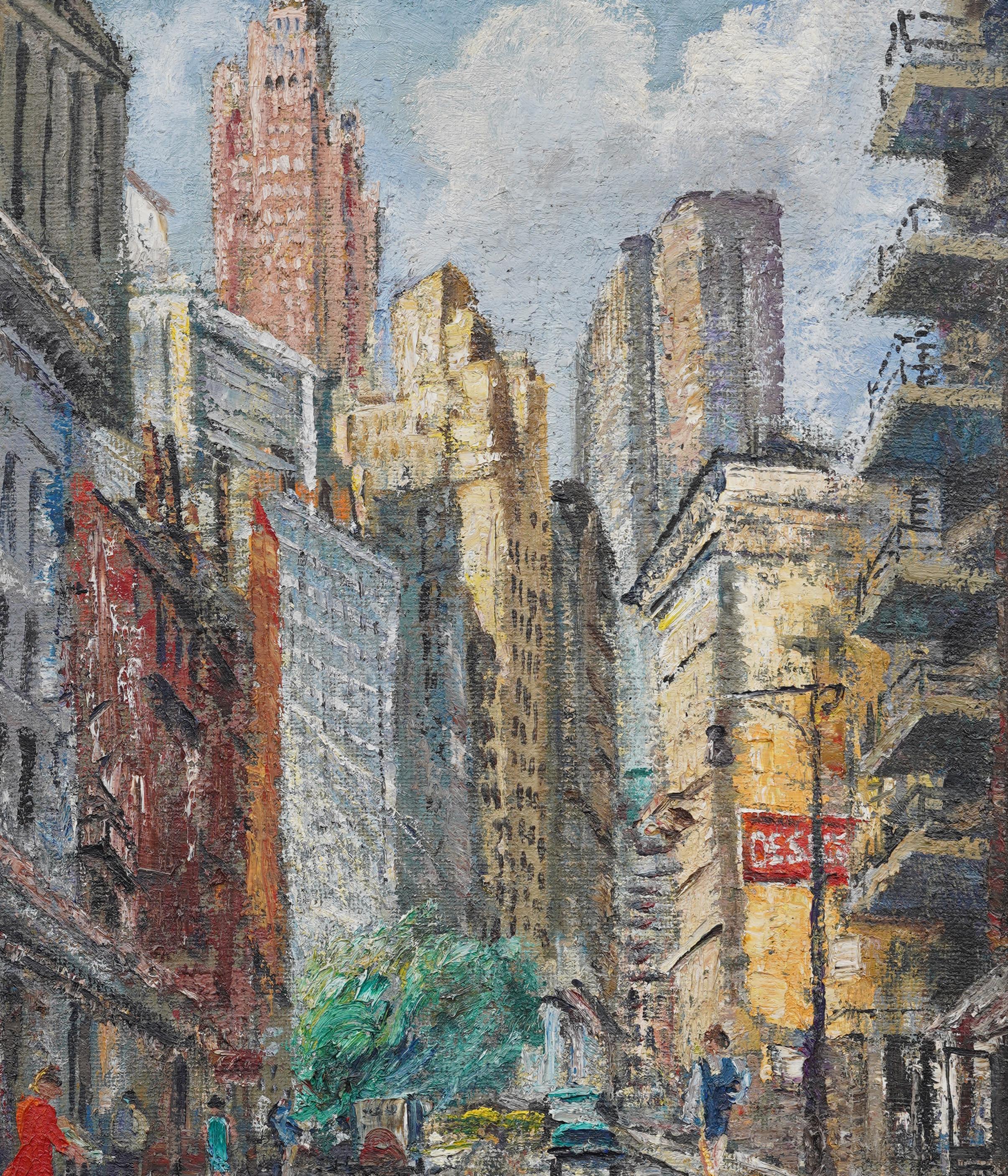 Antiguo cuadro modernista americano de gran tamaño sobre la ciudad de Nueva York Enmarcado Escena callejera - Abstract Painting Gris de Erno Gyimesy Kasas 
