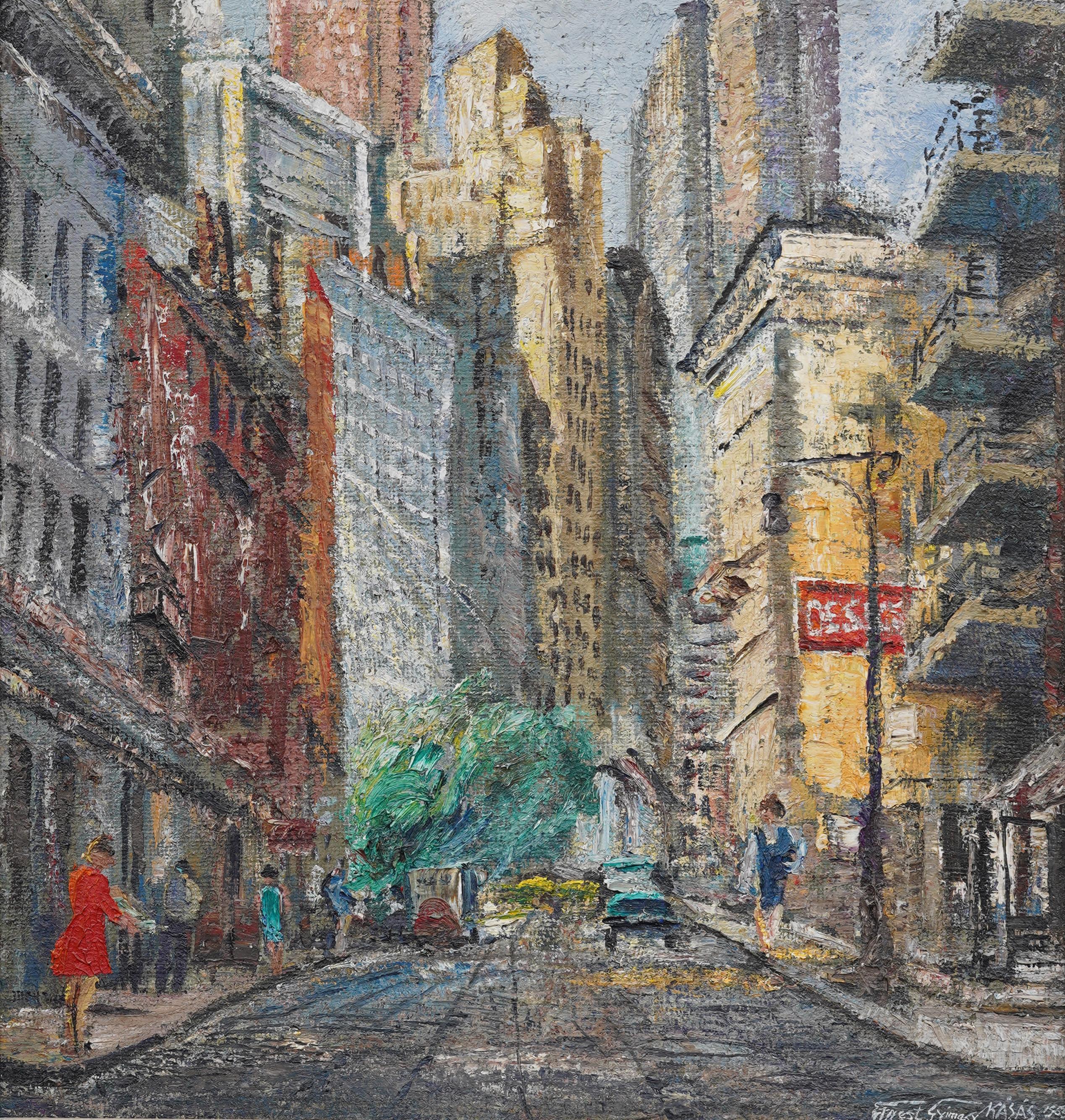 Antiguo cuadro modernista americano de escena callejera.  Óleo sobre lienzo.  Firmado. En excelente estado original.  Bellamente enmarcada en una moldura de madera dorada acanalada de finales del siglo XIX.  Excelente estado, listo para colgar y