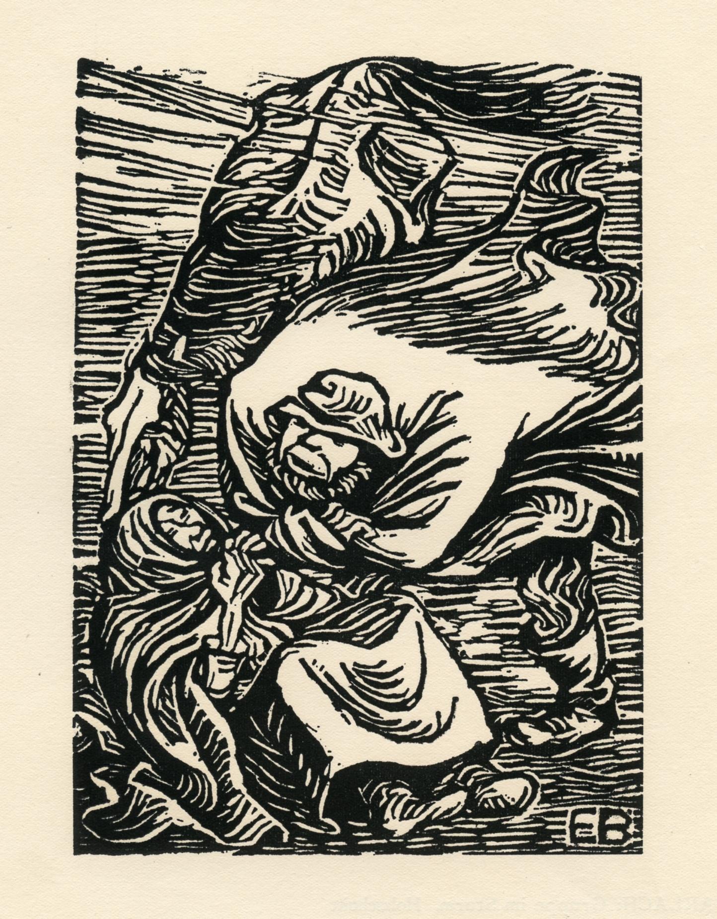 "Gruppe in Sturm" original woodcut