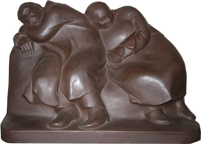 The sculpture „Sleeping Drifters“ by Ernst Barlach ( 1870-1938 ), Germany. The model for this figure was created in the year 1912 and executed by Meissen 1923. Made in Böttger stoneware. On the bottom of back side crossed swords mark and on left