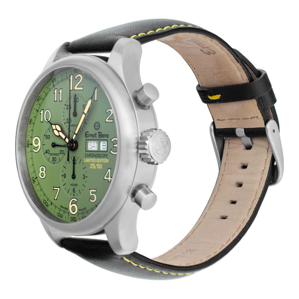 Ernst Benz ChronoScope Combat in stainless steel on leather strap with army green dial. Auto w/ subseconds, date, day and chronograph. 47 mm case size. Limited edition only 50 made. Unused with box and papers. Ref GC10100-CC2. Fine Unused Ernst Benz