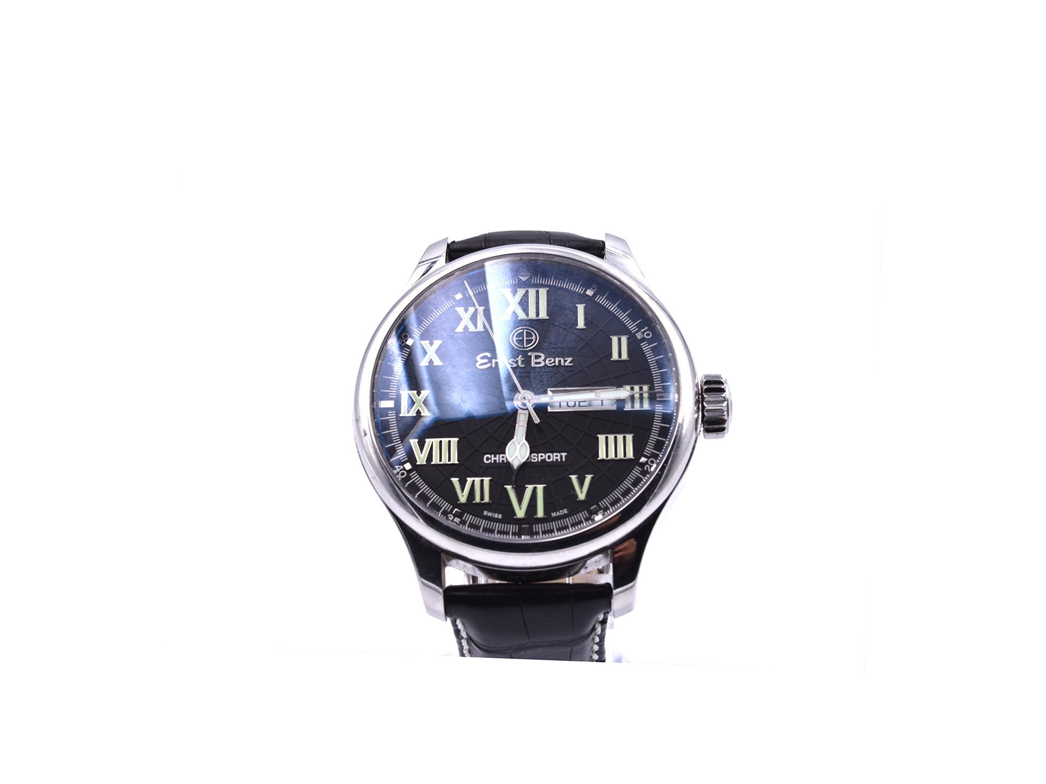 Movement: automatic ETA2836-2
Function: hours, minutes, sweep seconds, day and date
Case: 47mm polished stainless steel case, with exhibition back, sapphire crystal
Band: black alligator with stainless steel buckle
Dial: black with white minute