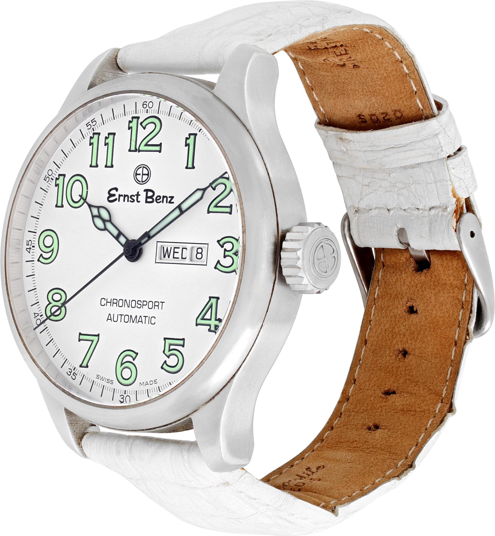 Ernst Benz Chronosport in stainless steel on a white crocodile strap. Automatic movement under glass w/ sweep seconds, date and day. 47 mm case size. Fine Pre-owned Ernst Benz Watch.

 Certified preowned Sport Ernst Benz Chronosport watch is made