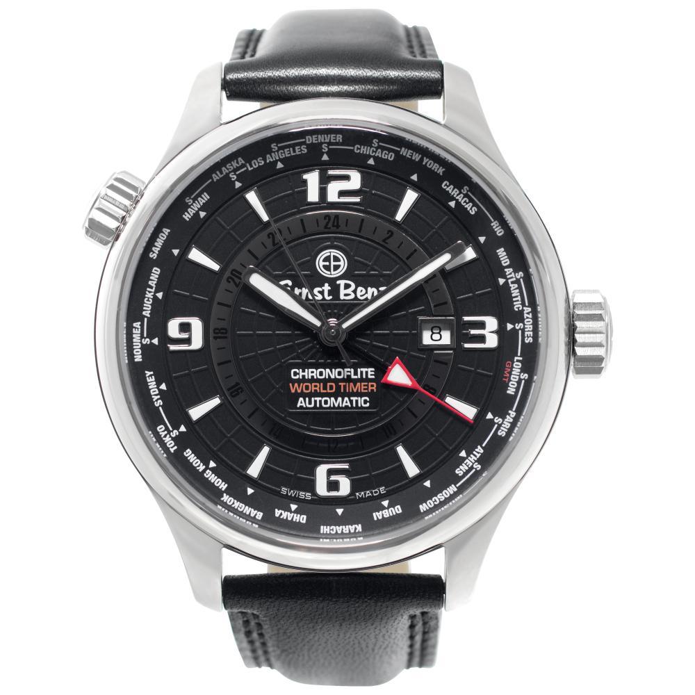 Ernst Benz World Time GC10851 Montre automatique 47 mm en acier inoxydable avec cadran noir