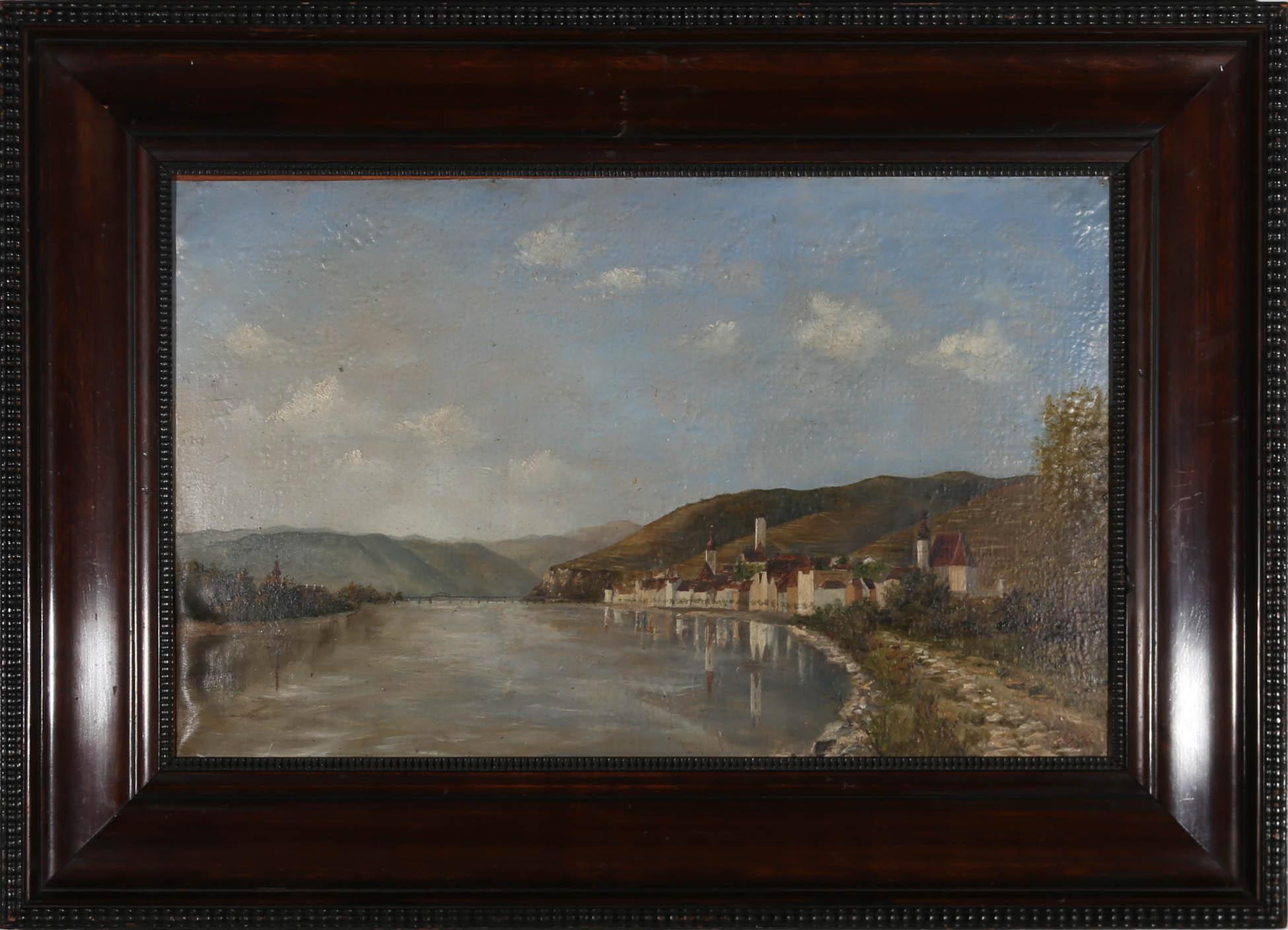 A charming depiction of a town on the verge of lake Starnberg in Germany. Provenance of this painting shows that it was brought out of Germany in 1938 by the vendors late parents thence by family descent. Signed to the lower right. Presented in a