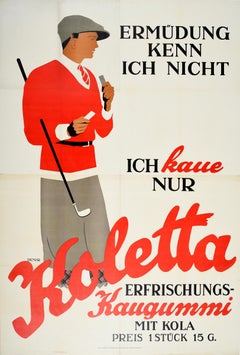 Affiche rétro originale pour Koletta Chewing Gum avec un golfeur de Cola - Art publicitaire