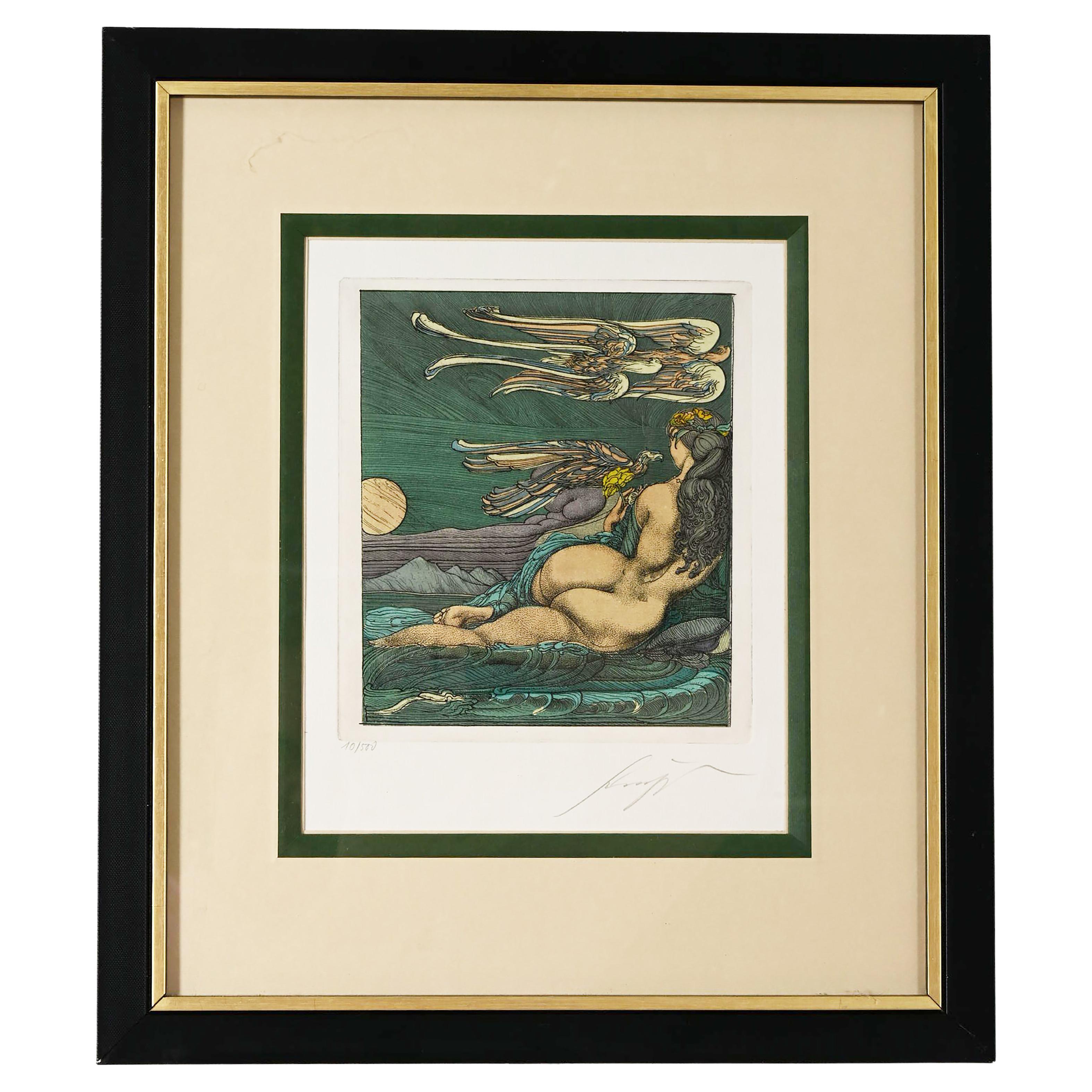 Ernst Fuchs "Bachnymphe" Surrealistische Farbradierung