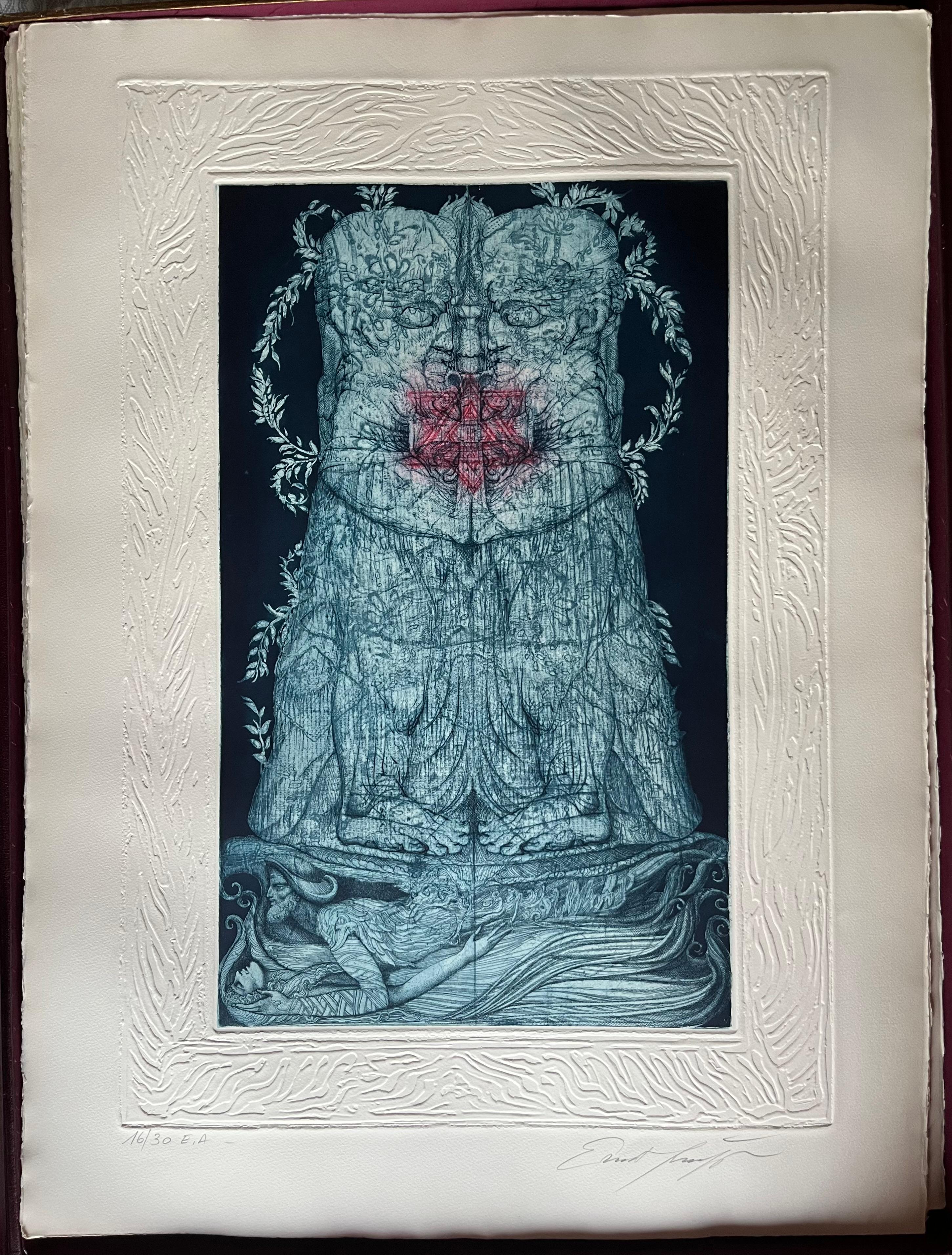 Gravure n°12 d'Ernest Fuchs : KABBALAH (SEFER YETSIRA et 32 PATHS OF WISdom) - Bleu Figurative Print par Ernst Fuchs