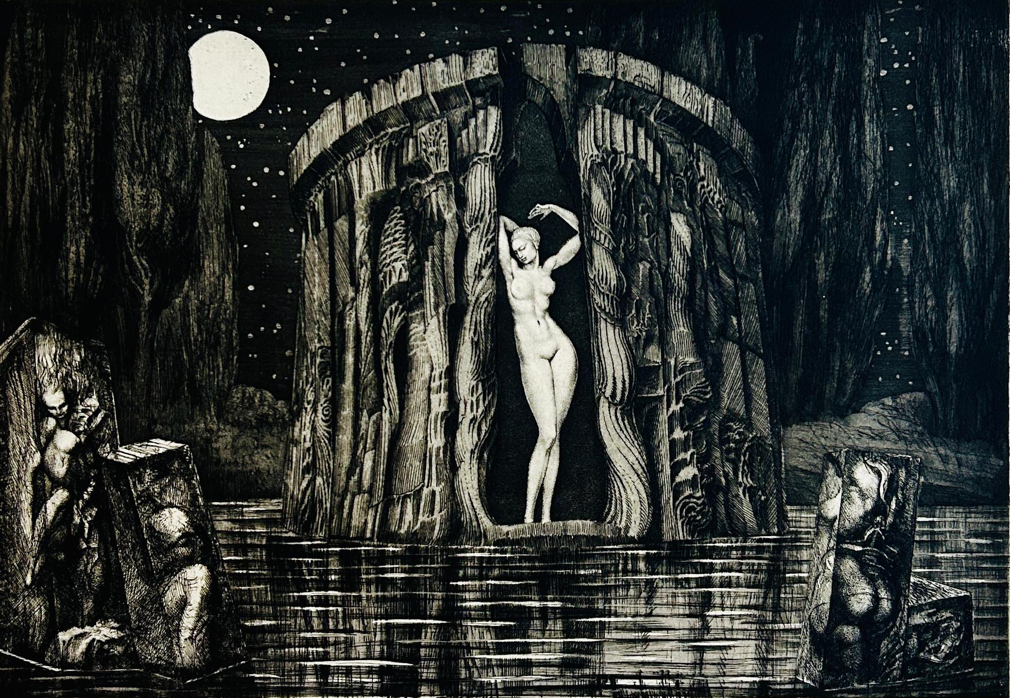 Ernst Fuchs (Vienne, 1930 - 2015)
Die Geburt der Venus (La naissance de Vénus), 1974
Gravure sur papier vélin
Annoté au crayon en bas à gauche : XIV/XXV E. A. (14/25 épreuve d'artiste). Une épreuve d'artiste, en plus de l'édition de 200