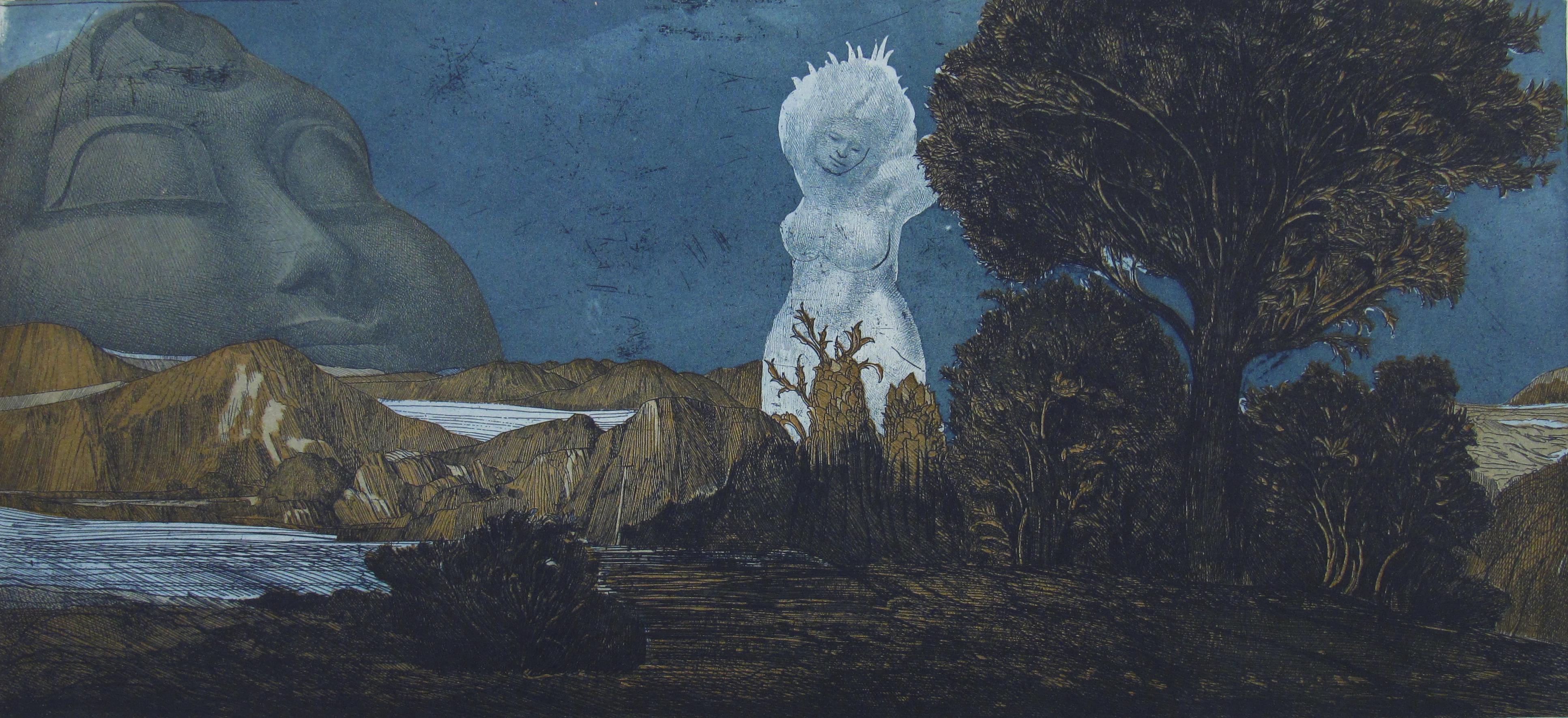 Ernst Fuchs
(Austrian, 1930 - 2015)

Zyklopische Landschaft, 1967
(Cyclopean Landscape)

•	Coloured Aquatint etching on rag paper (Prob. French Arches paper)
•	Sheet ca. 31.5 x 56 cm
•	Plate, ca. 22.5 x 48 cm
•	Signed bottom right
•	Inscribed in
