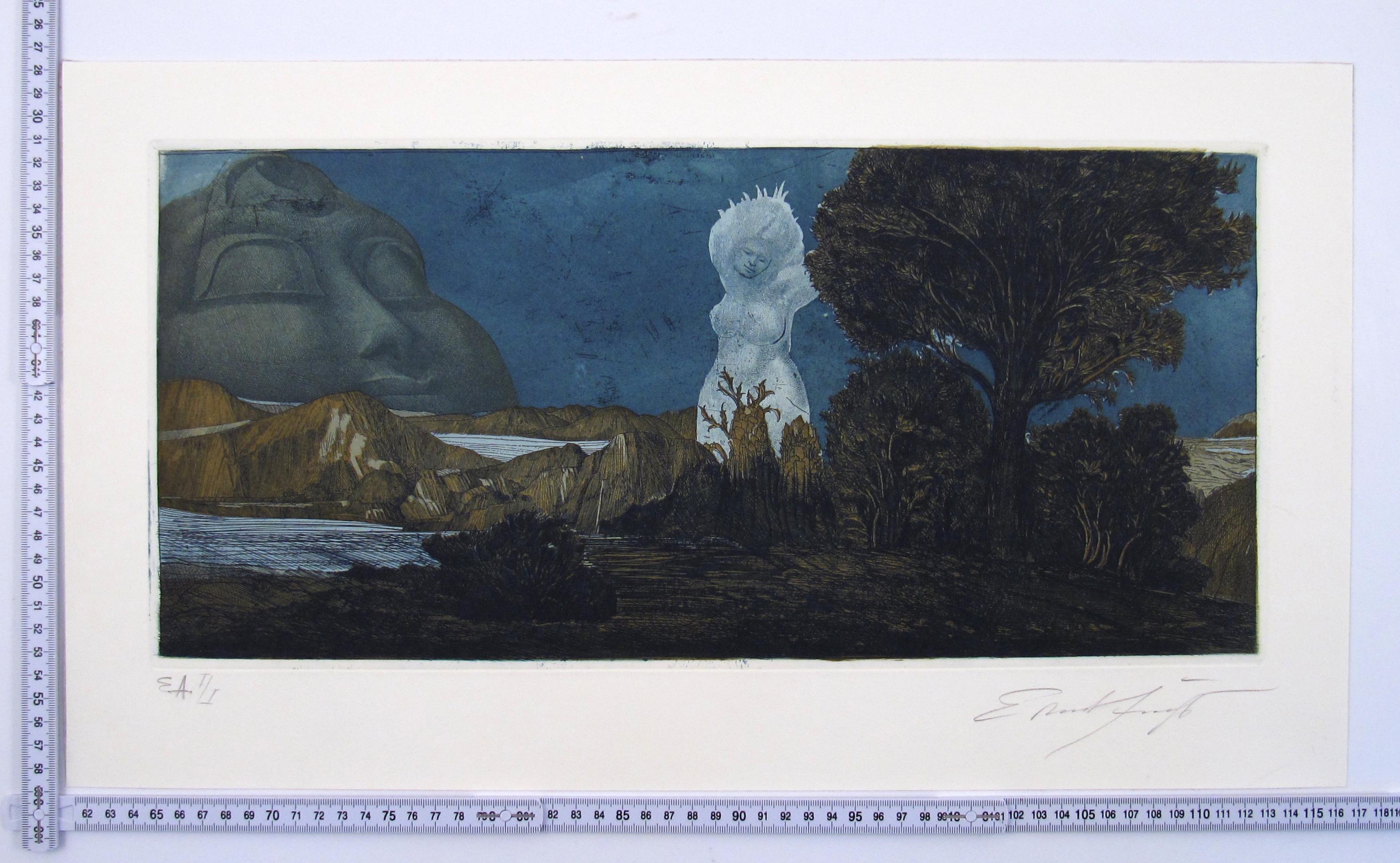 Ernst Fuchs Zyklopische Landschaft, Radierung, Wiener Fantasie- Realismus, Österreich 1967 im Angebot 7